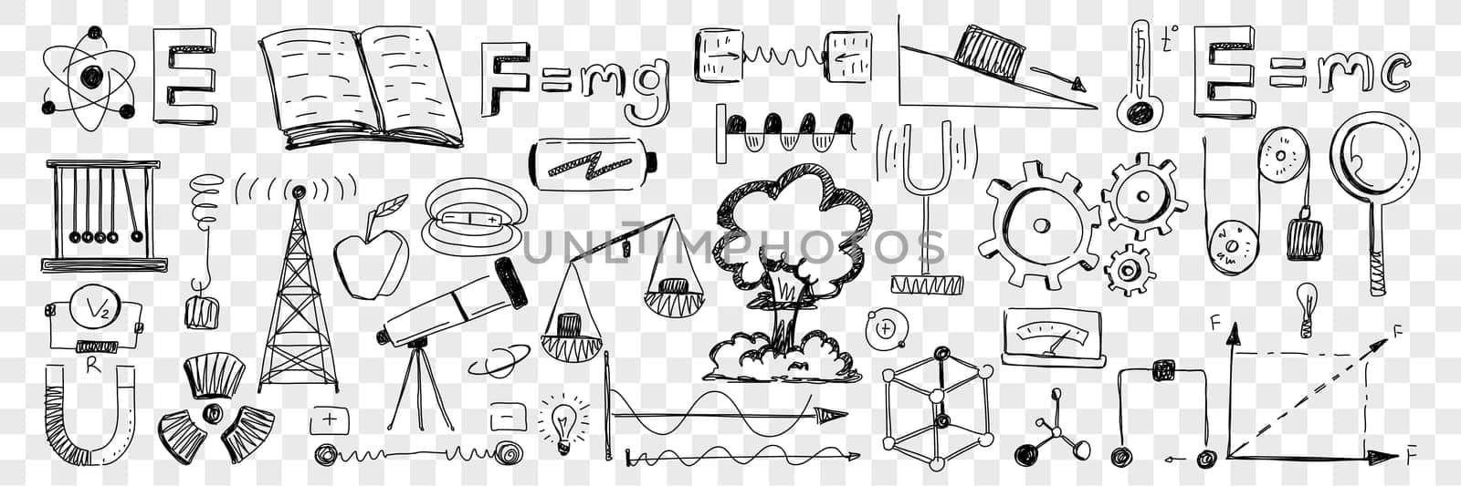 Science equipment and attributes doodle set. Collection of hand drawn formulas telescope scales architecture blueprints molecules gears equipment for laboratory and scientific research