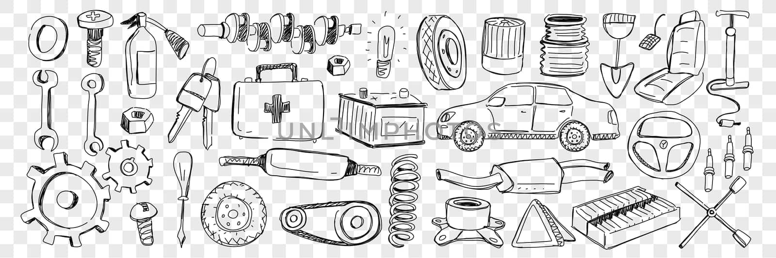 Tools for car repairing doodle set. Collection of hand drawn cars keys shovel screwdriver engine kit wheel nut pump steering wheel exhaust pipe isolated on transparent background