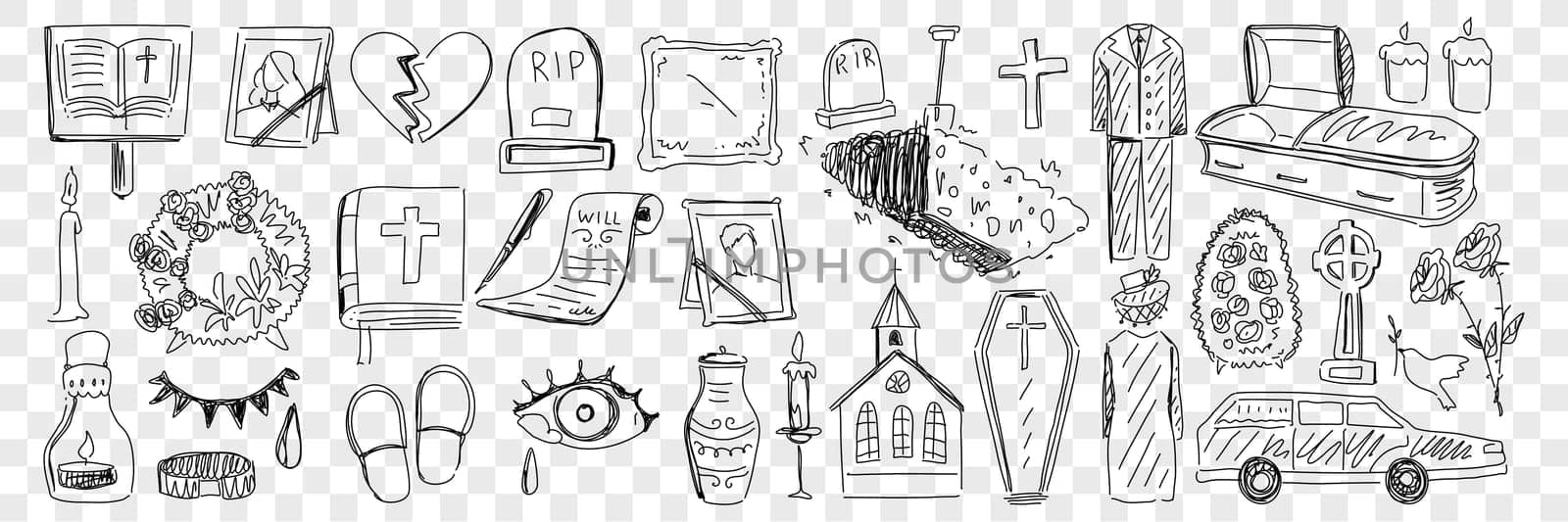 Funeral and cemetery attributes doodle set. Collection of hand drawn coffin candle church cemetery memorials will grief hearse and process of funeral isolated on transparent background
