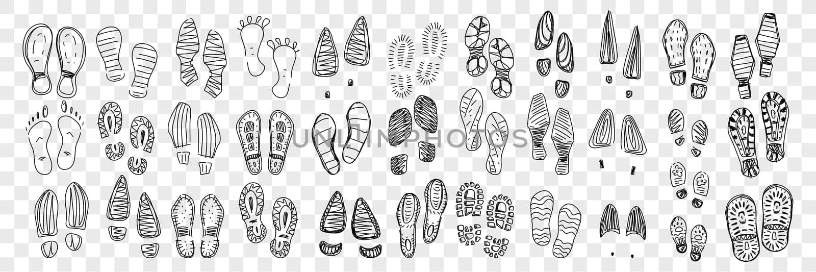 Footprints of boots and foot doodle set. Collection of hand drawn barefoot and boots footprints in rows with various patterns isolated on transparent background