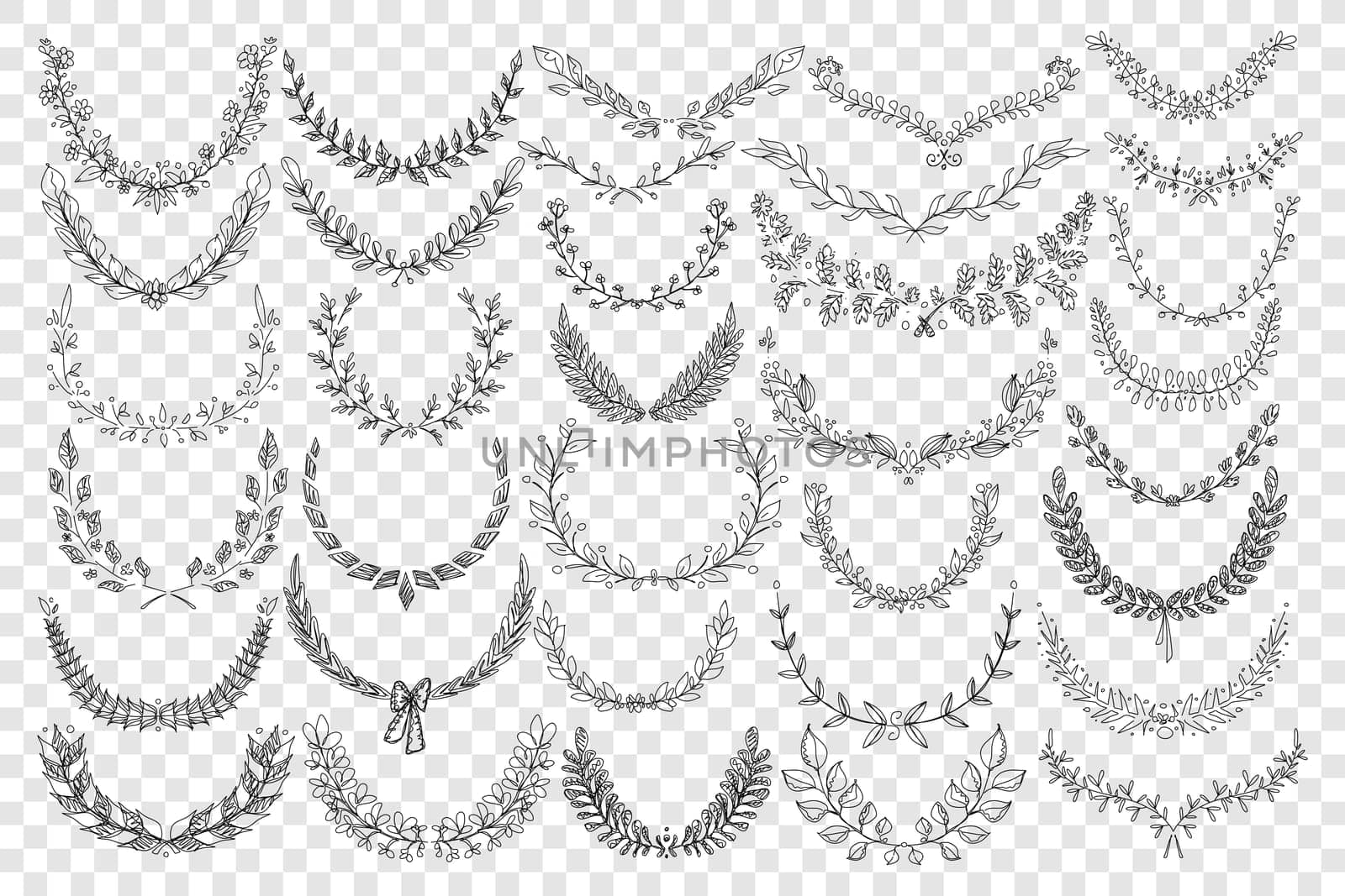 Natural leaves ornament doodle set. Collection of hand drawn elegant natural semicircle patterns wreaths ornaments for awards or decorations isolated on transparent background