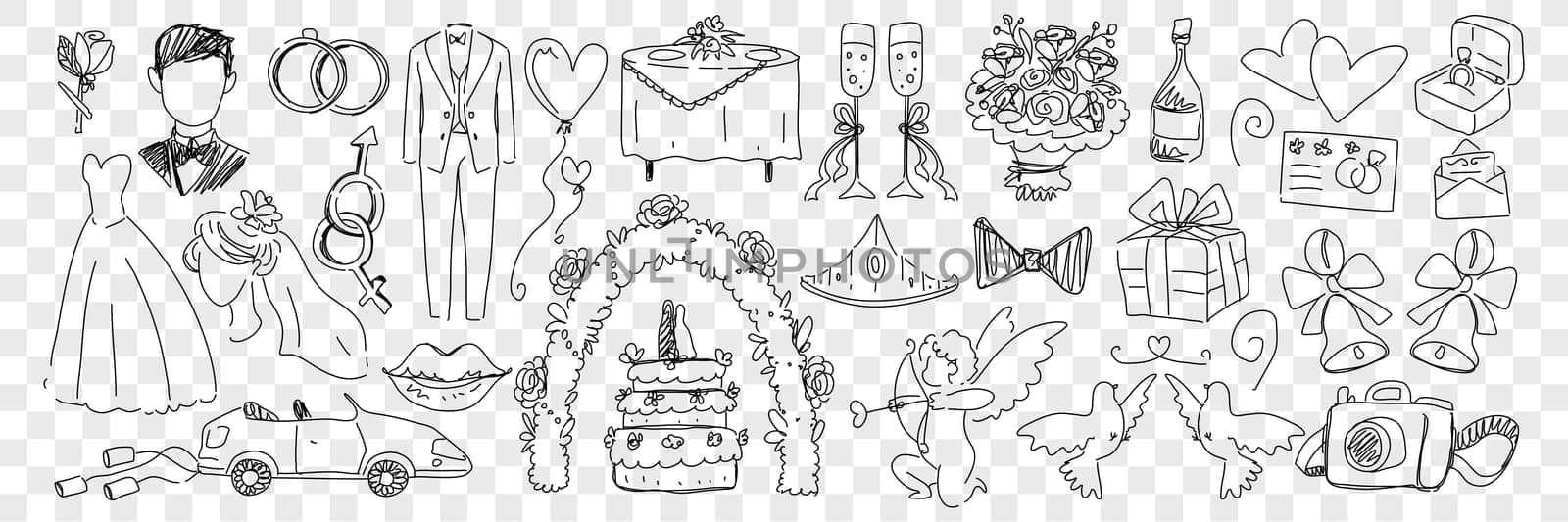 Wedding marriage accessories doodle set. Collection of hand drawn rings costumes angels cake wedding car champagne and festive attributes for celebrating wedding isolated on transparent background
