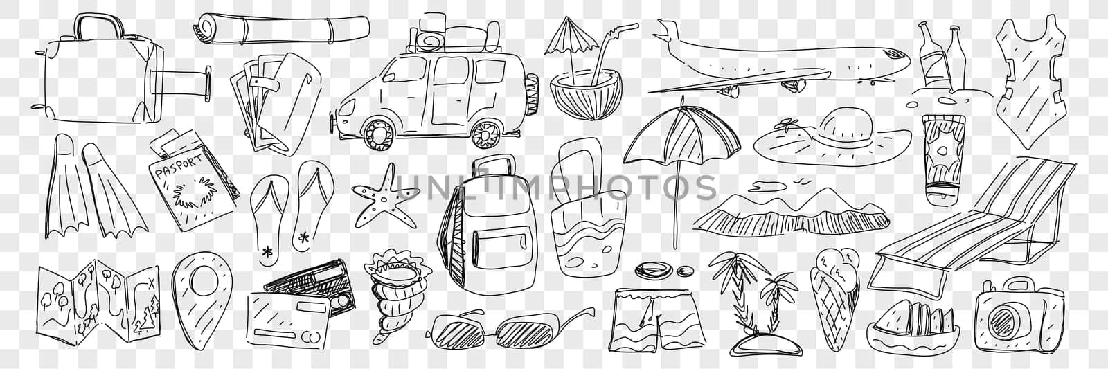 Travel and tourism attributes doodle set. Collection of hand drawn plane backpack suitcase beachwear cocktail sunglasses map umbrellas credit card camera for enjoying travels on transparent background