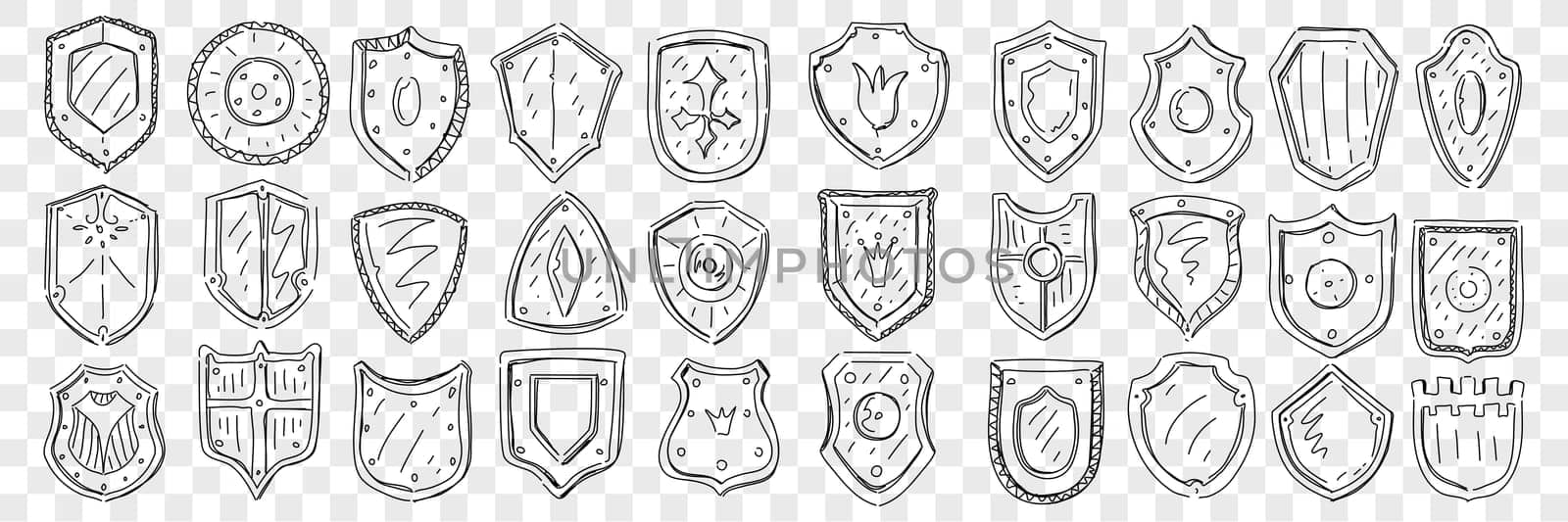 Coat of arms and symbols doodle set. Collection of hand drawn heraldic symbols on coat of arms of different shapes with patterns and family flowers on shields isolated on transparent background