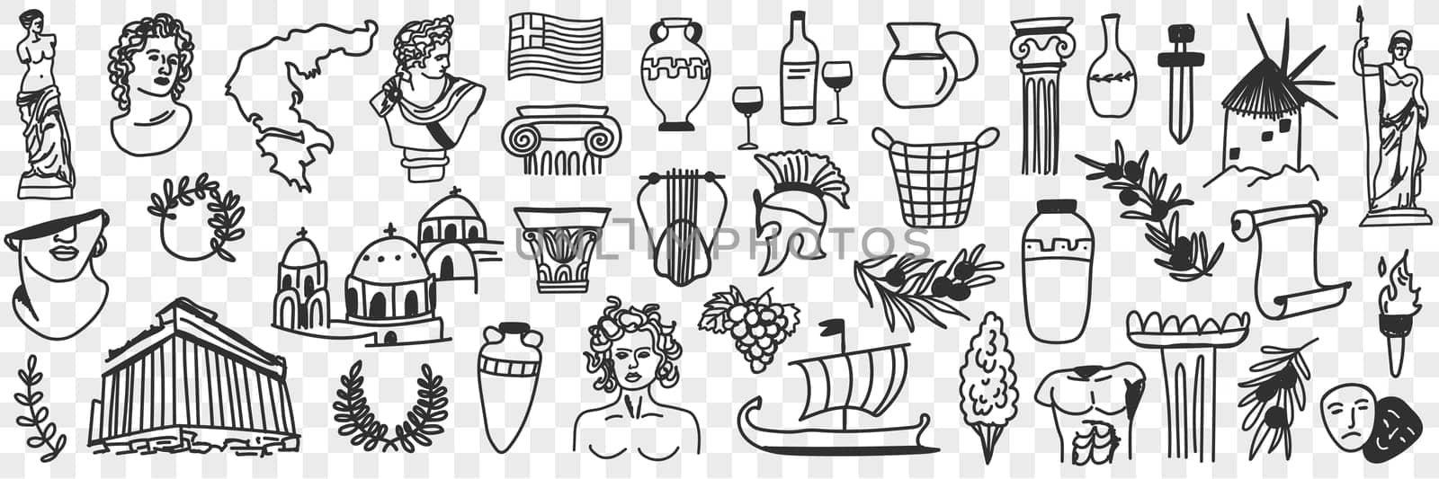 Symbols of ancient culture doodle set. Collection of hand drawn greek sculptures buildings arch gods ships musical instruments masks for theatre from historical times on transparent background