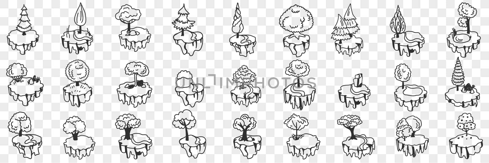 Decorative trees and plants doodle set. Collection of hand drawn various decoration for home interior trees and plants on shapes and on stands isolated on transparent background