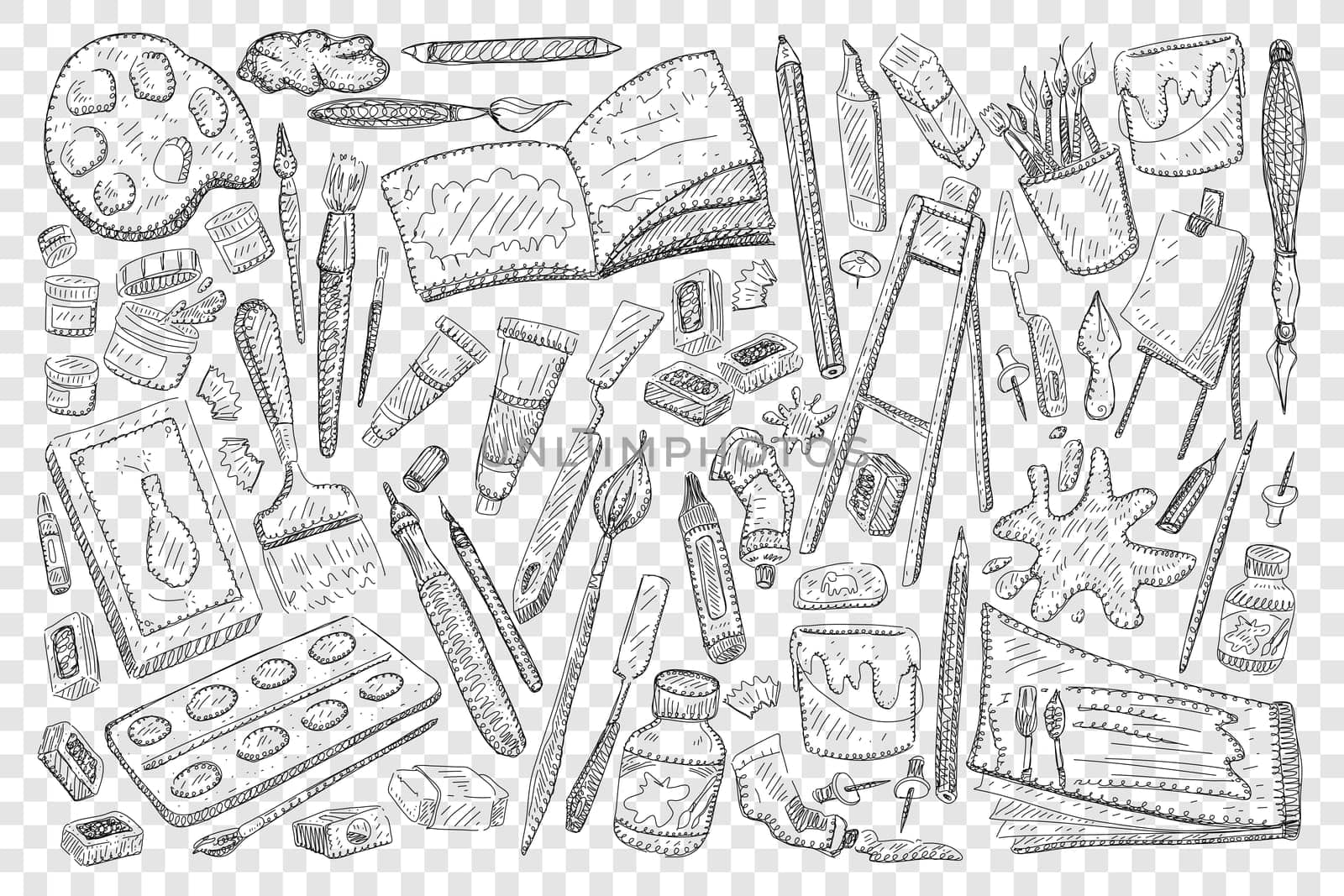 Tools for painting and drawing doodle set. Collection of hand drawn colours brush pencils paper easel gouache eraser jars albums and tools for painters isolated on transparent background