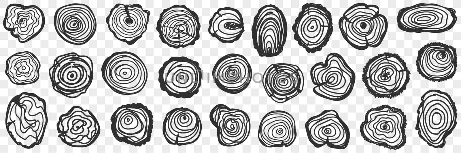 Fellings of tree pattern doodle set. Collection of hand drawn various feelings of trees silhouettes natural pattern isolated on transparent background