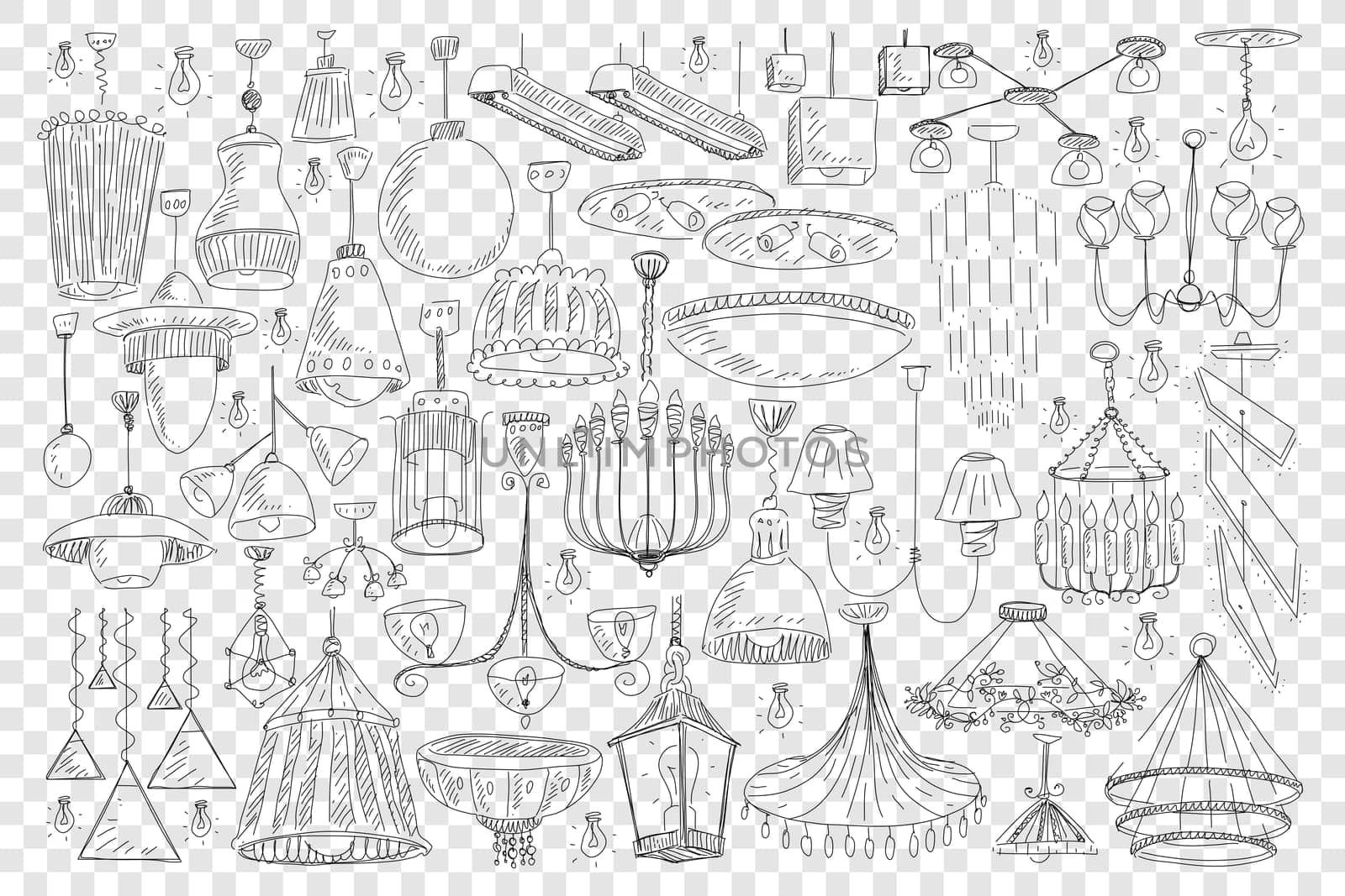 Chandeliers for home decoration doodle set. Collection of hand drawn elegant chandeliers light equipment for decorating home of various sizes and shapes isolated on transparent background