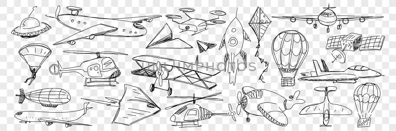 Various air vehicles during flight doodle set. Collection of hand drawn planes helicopters air balloons kites airplanes flying saucer parachute isolated on transparent background