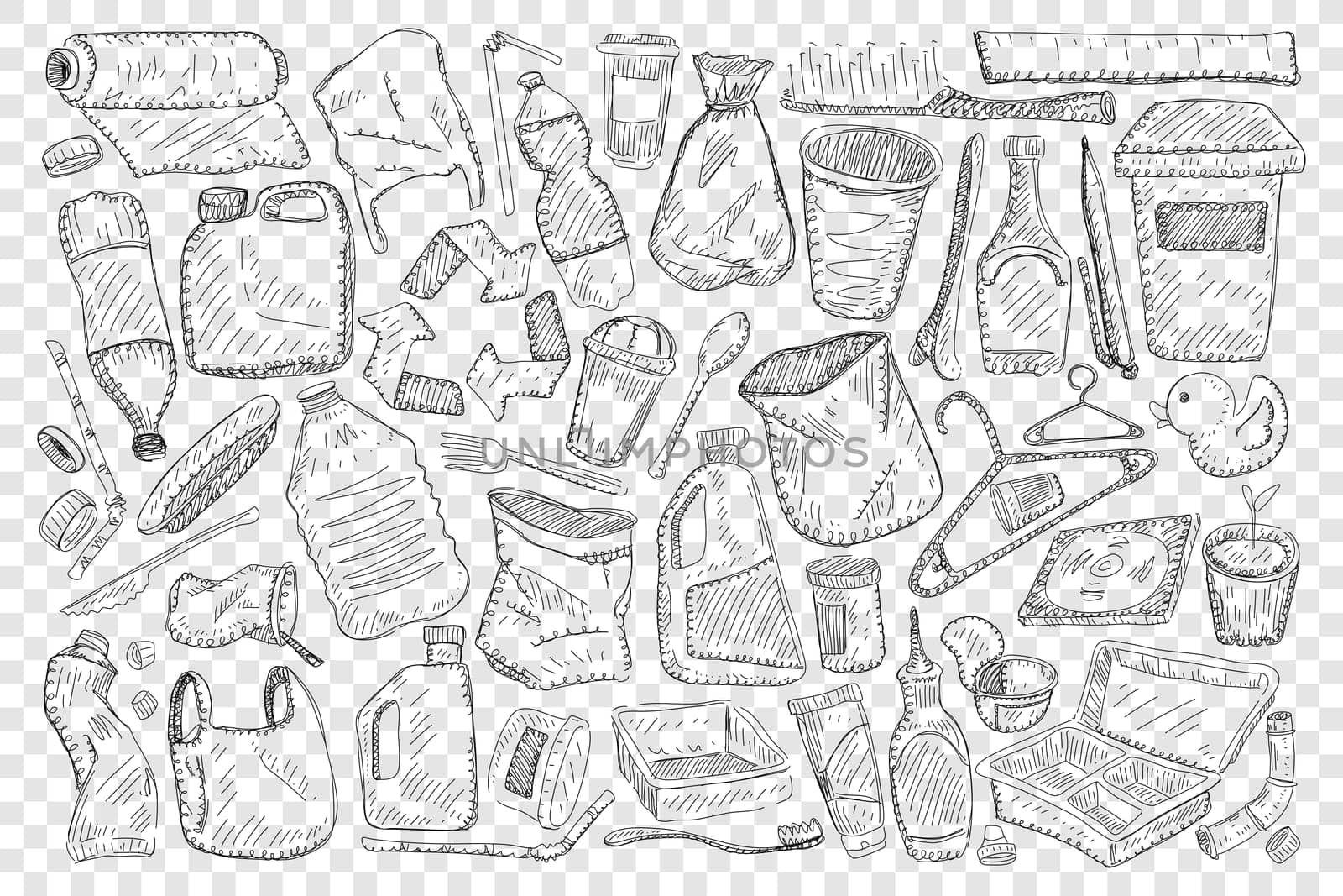 Reusable household and materials for home doodle set. Collection of hand drawn toothbrush hangers sacks baskets canisters tubes and jars for keeping things at home isolated on transparent background