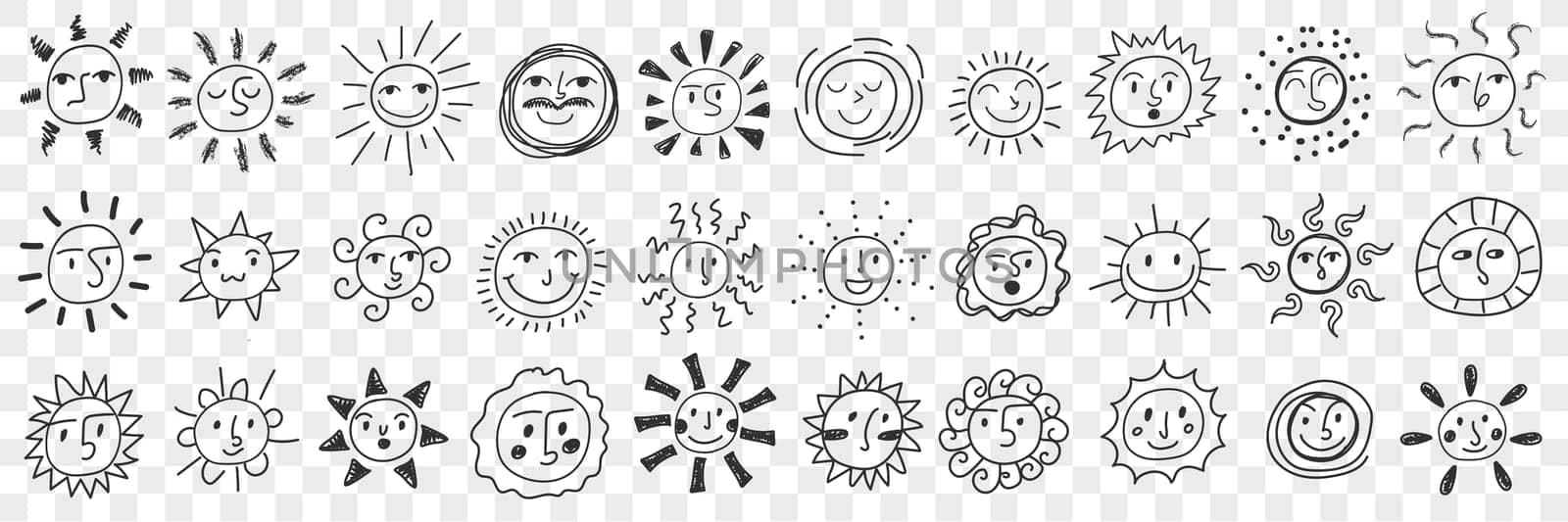 Smiling suns assortment doodle set. Collection of hand drawn various styles of positive happy smiling sun planets for children books isolated on transparent background vector illustration