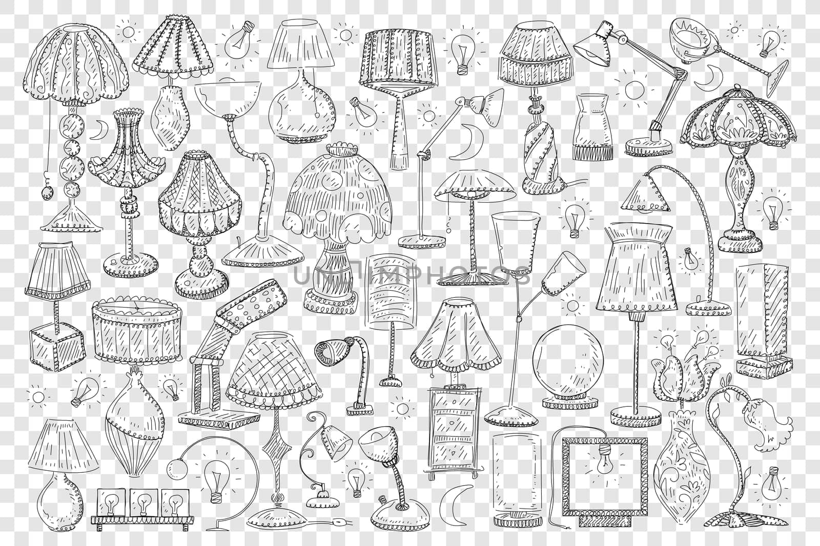 Lamps and shades doodle set. Collection of hand drawn elegant shades and lamps for home decoration of various sizes and shapes isolated on transparent background