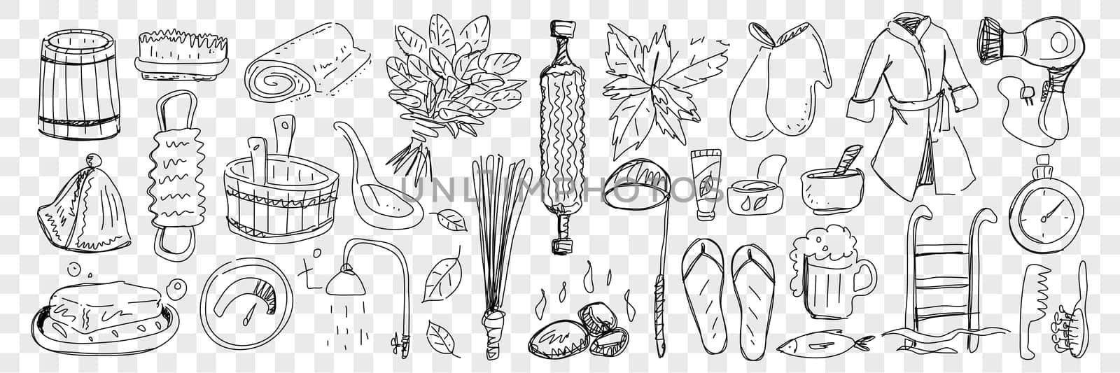 Bath and sauna attributes doodle set. Collection of hand drawn bathrobe, hot stones, basins, slippers shower hats brooms brush mittens beer for enjoying bath isolated on transparent background