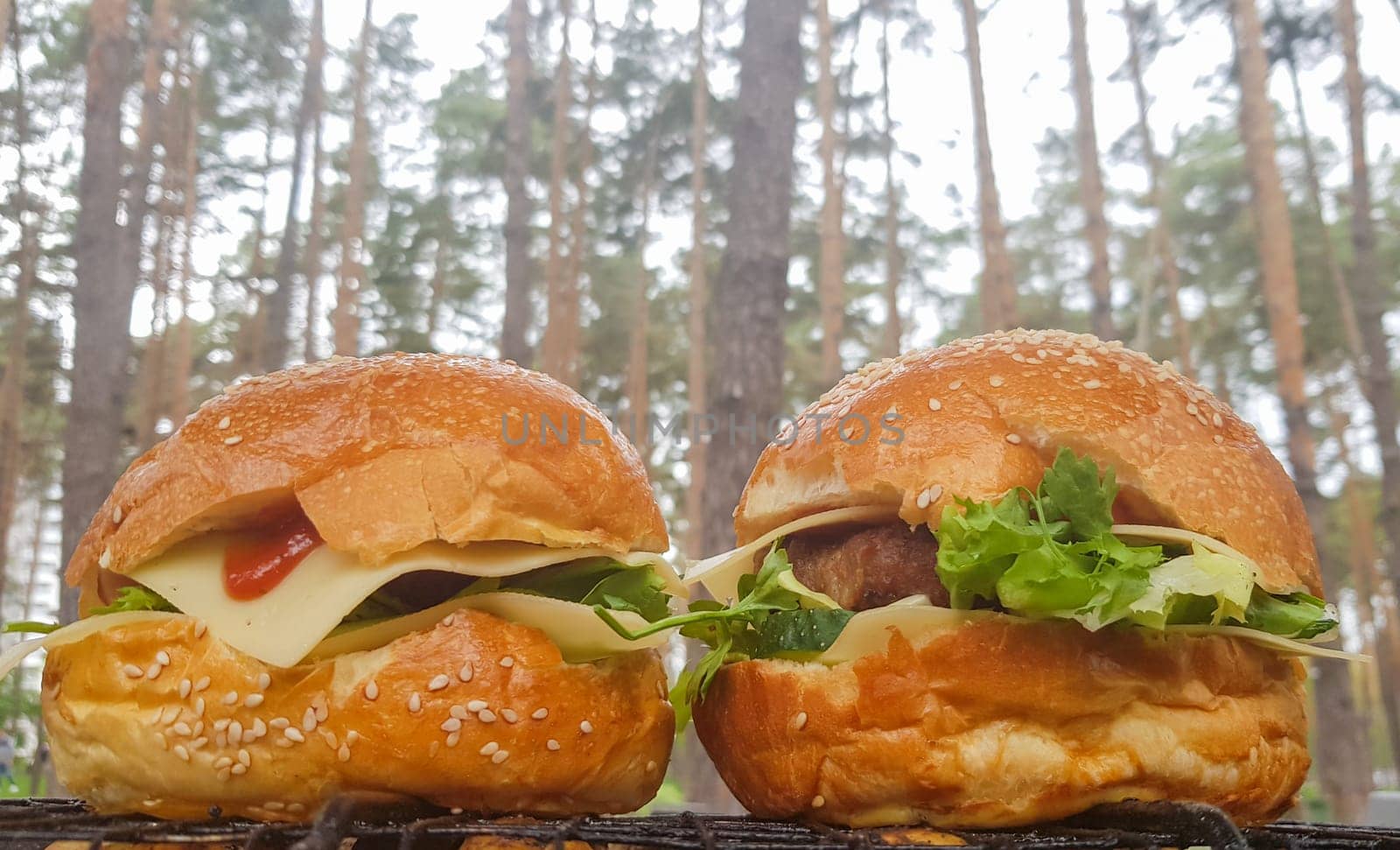 Close-up of two large DIY hamburgers in the park on a barbecue, rest and cooking on a picnic in the summer, food, delicious, bright colors. Unhealthy food concept. Fast food