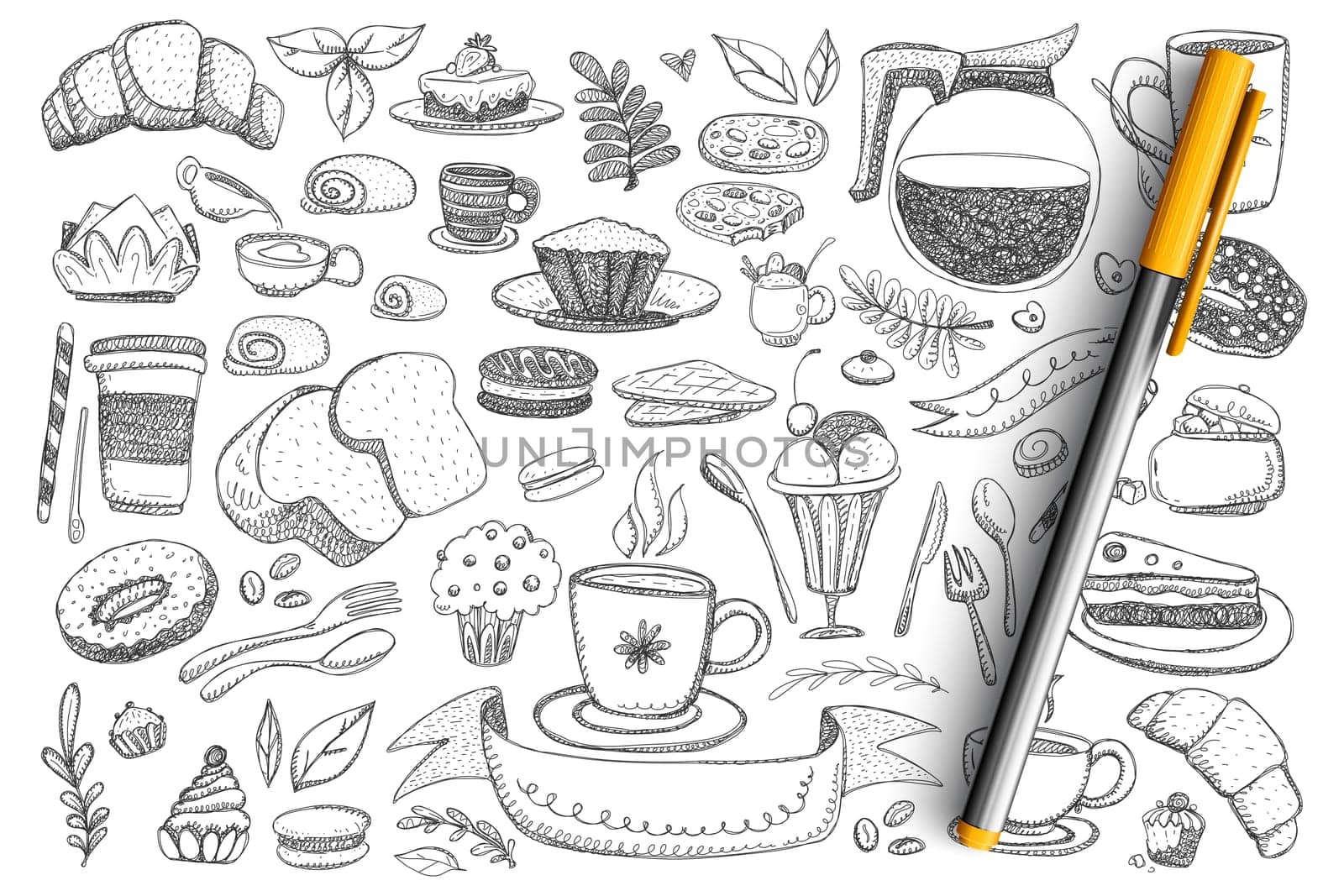 Breakfast essentials and food doodle set. Collection of hand drawn teapot, coffee, cake, bread, donut, sweets, desserts, hot drinks and cutlery isolated on transparent background