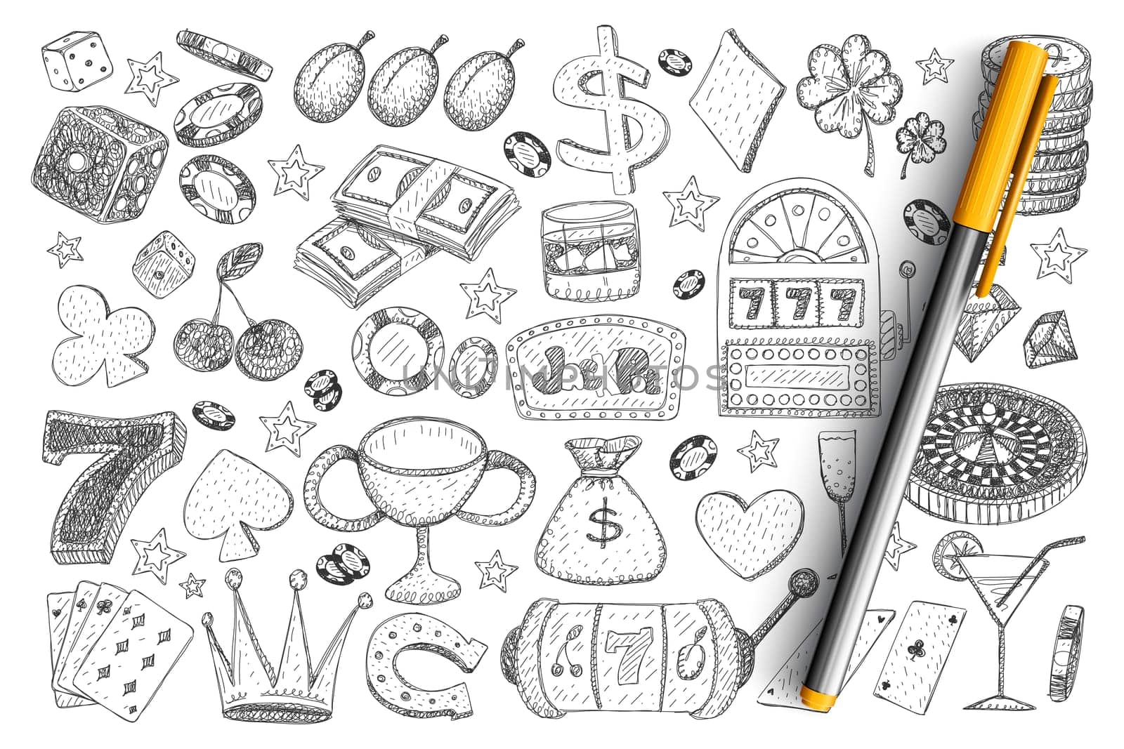 Gambling accessories and tools doodle set. Collection of hand drawn casino, playing cards, trophy, money, coins, bets, chips, cash for playing isolated on transparent background