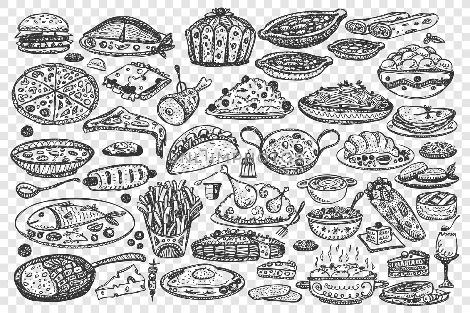 Food doodle set. Collection of hand drawn various different kind of meal dishes isolated on transparent background. Meat pizza fish and fast food hamburger or healthy vegetables fruits illustration.