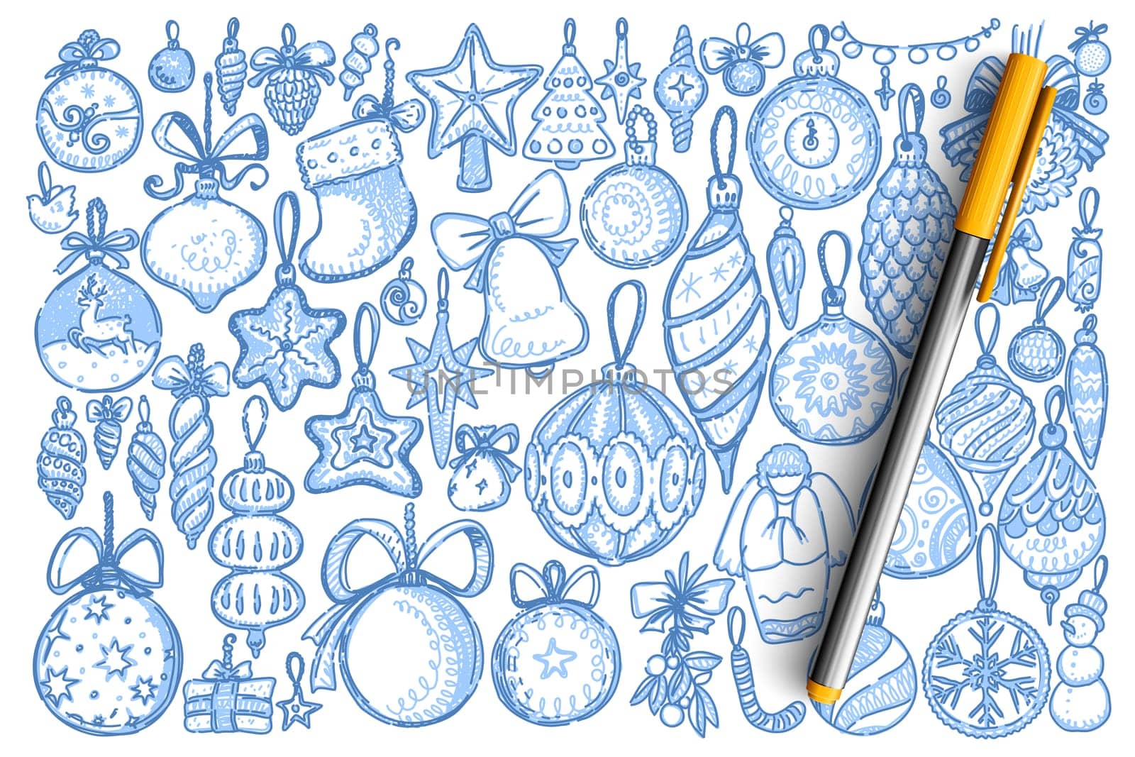 Christmas decorations doodle set. Collection of different hanging xmas coniferous tree toys decorative balls isolated on white background. New Year symbol holiday celebration illustration.