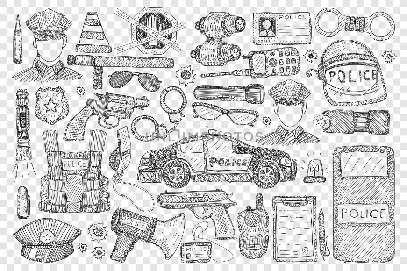 Police tools and uniform doodle set. Collection of hand drawn police office, car gun speaker uniform hat radio handcuffs speaker lantern binoculars bulletproof vest isolated on transparent background