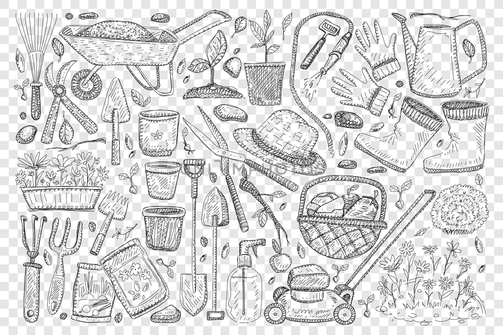 Farmers tools for gardening doodle set. Collection of hand drawn shovel basket hats and boots scissors watering can rake for taking care of plants in garden isolated on transparent background