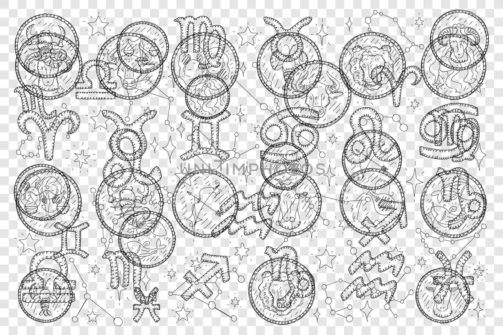 Zodiac signs and moon calendar doodle set. Collection of hand drawn taurus scorpio capricorn gemini aquarius virgo libra constellation sagittarius isolated on transparent background
