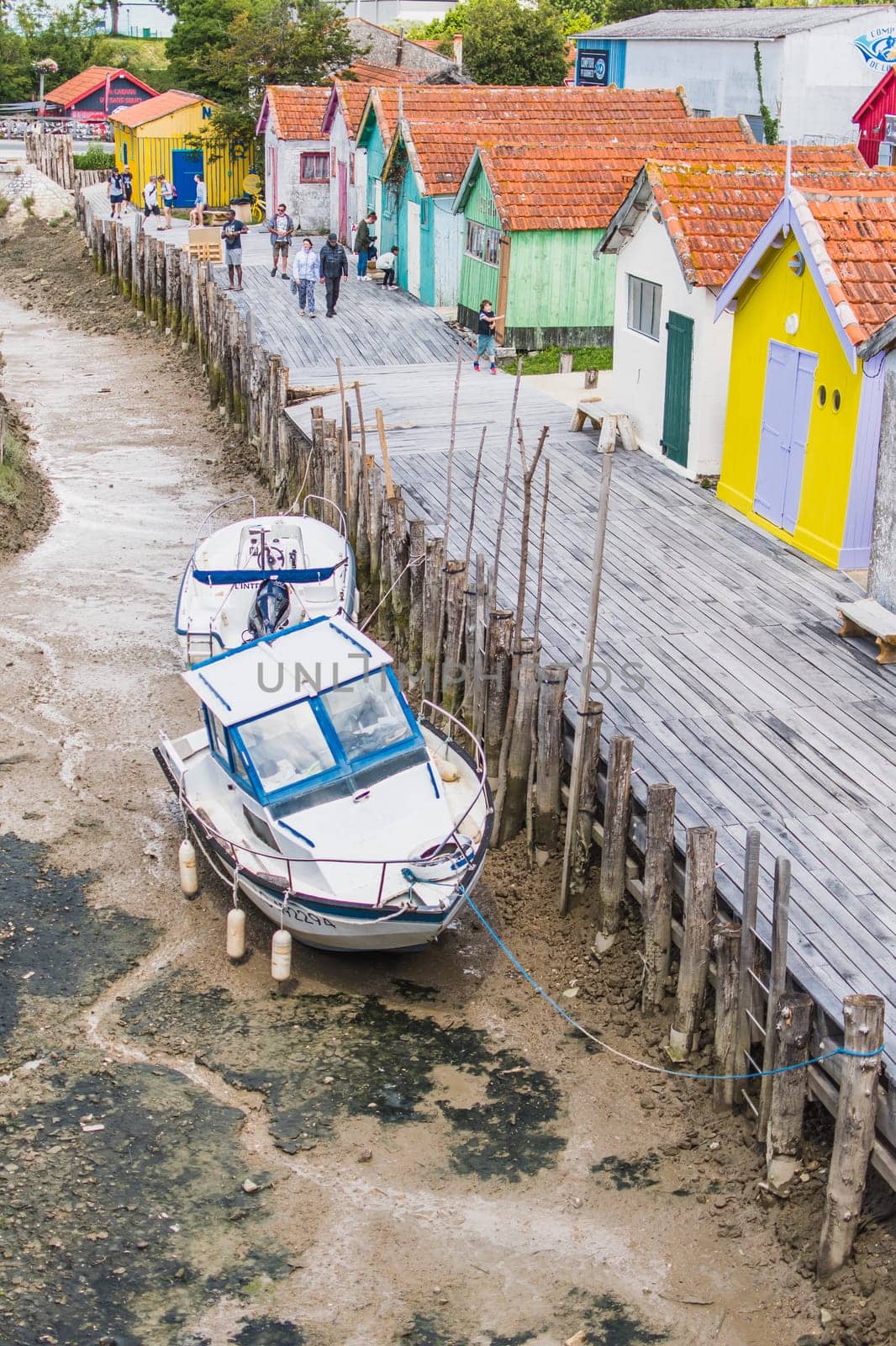 Colorful cabins on the harbor of Château d'Oléron, on the island of Oléron in France