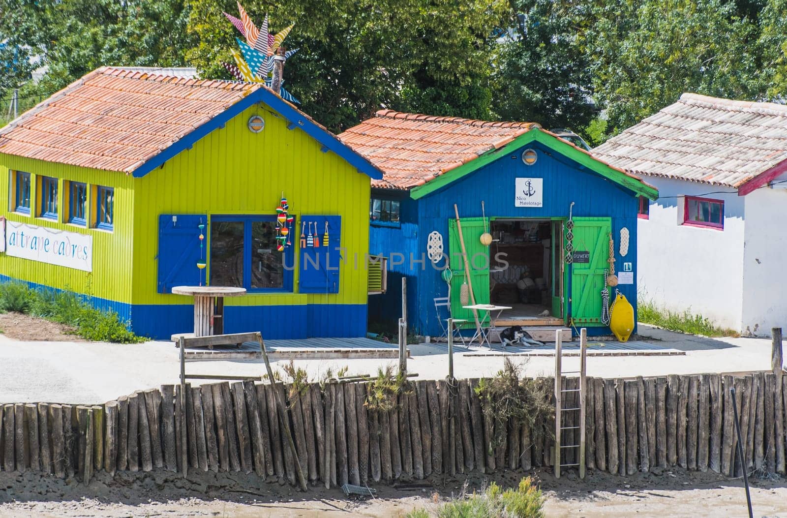 Colorful cabins on the harbor of Château d'Oléron, on the island of Oléron in France
