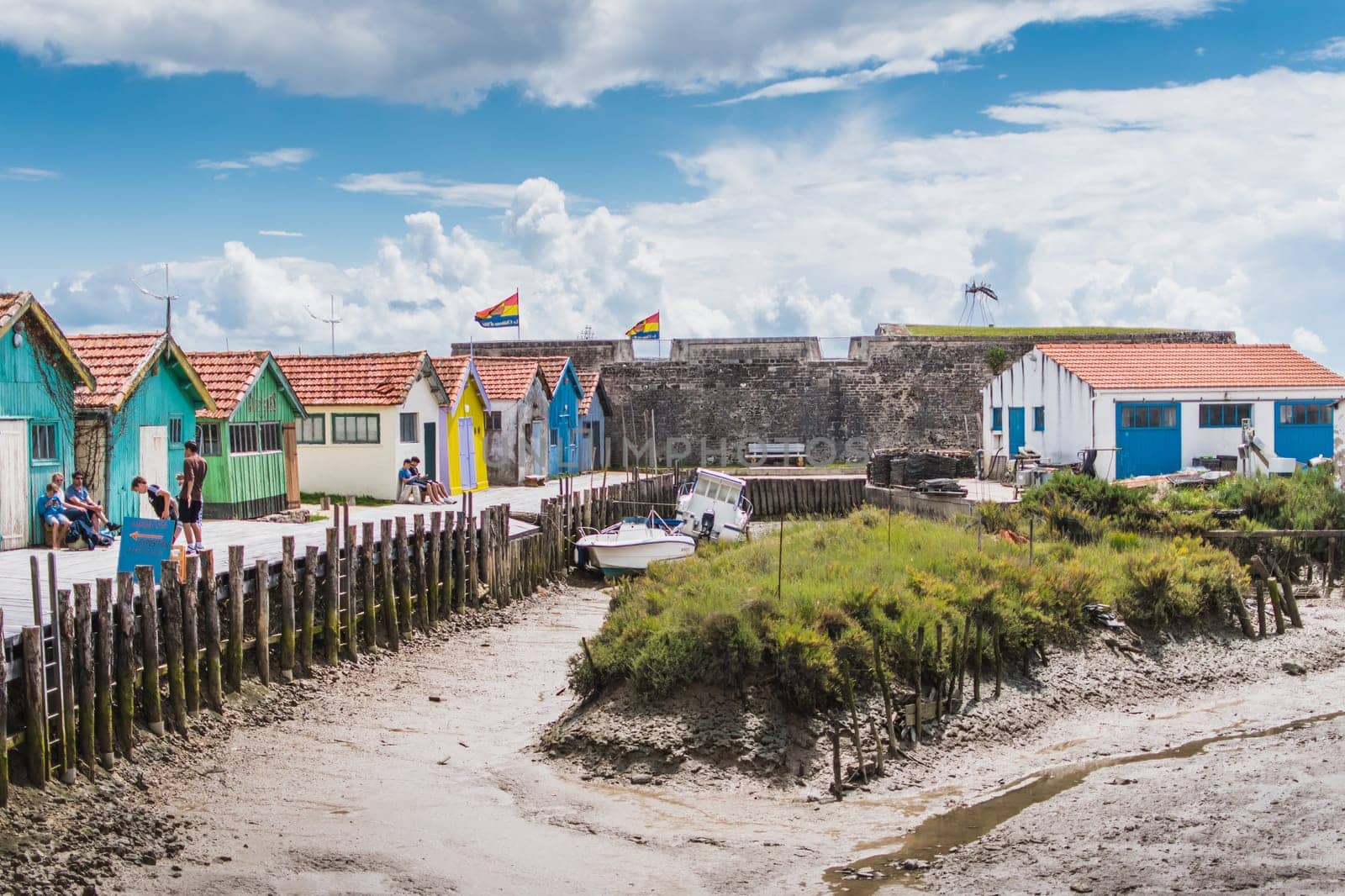 Colorful cabins on the harbor of Château d'Oléron, on the island of Oléron in France