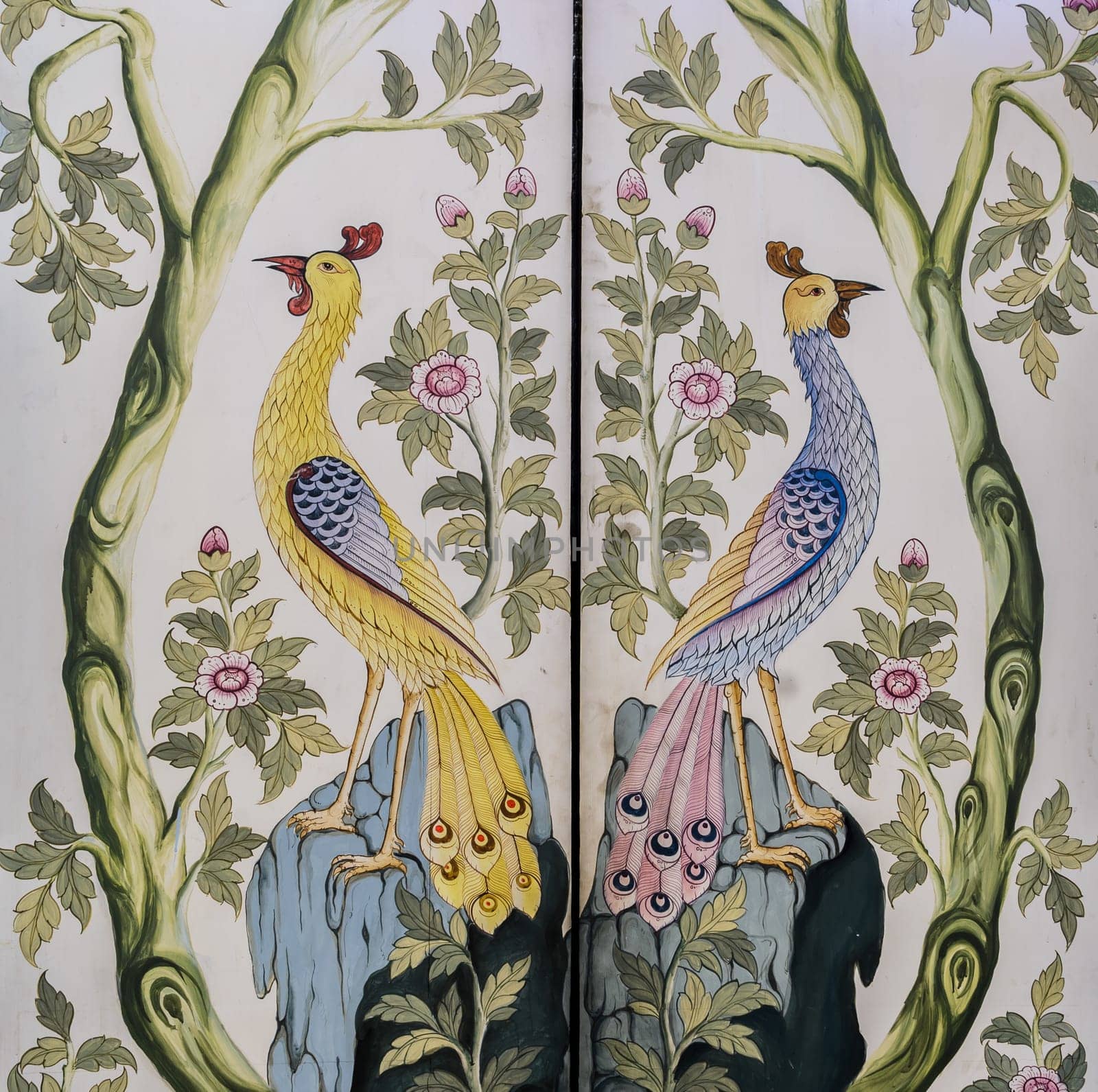 BANGKOK ,THAILAND - AUGUST 11, 2015 : Ancient Thai painting art on temple door of Wat Rajorasaram in Bangkok, Thailand