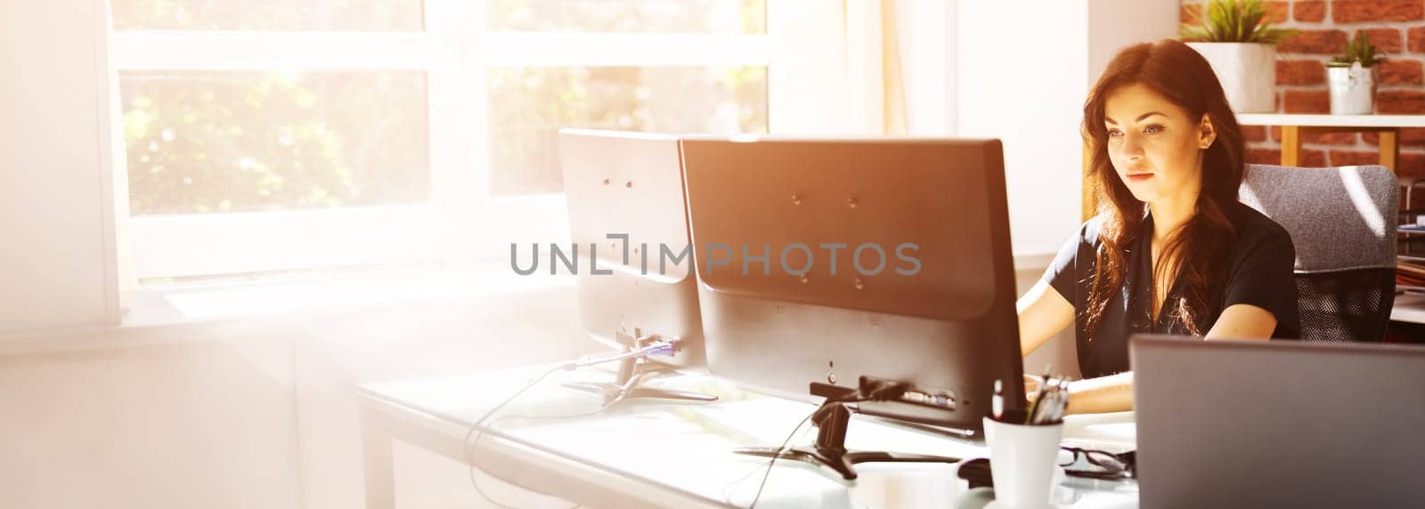 Woman At Workplace. Manager Doing Business Communication In Office
