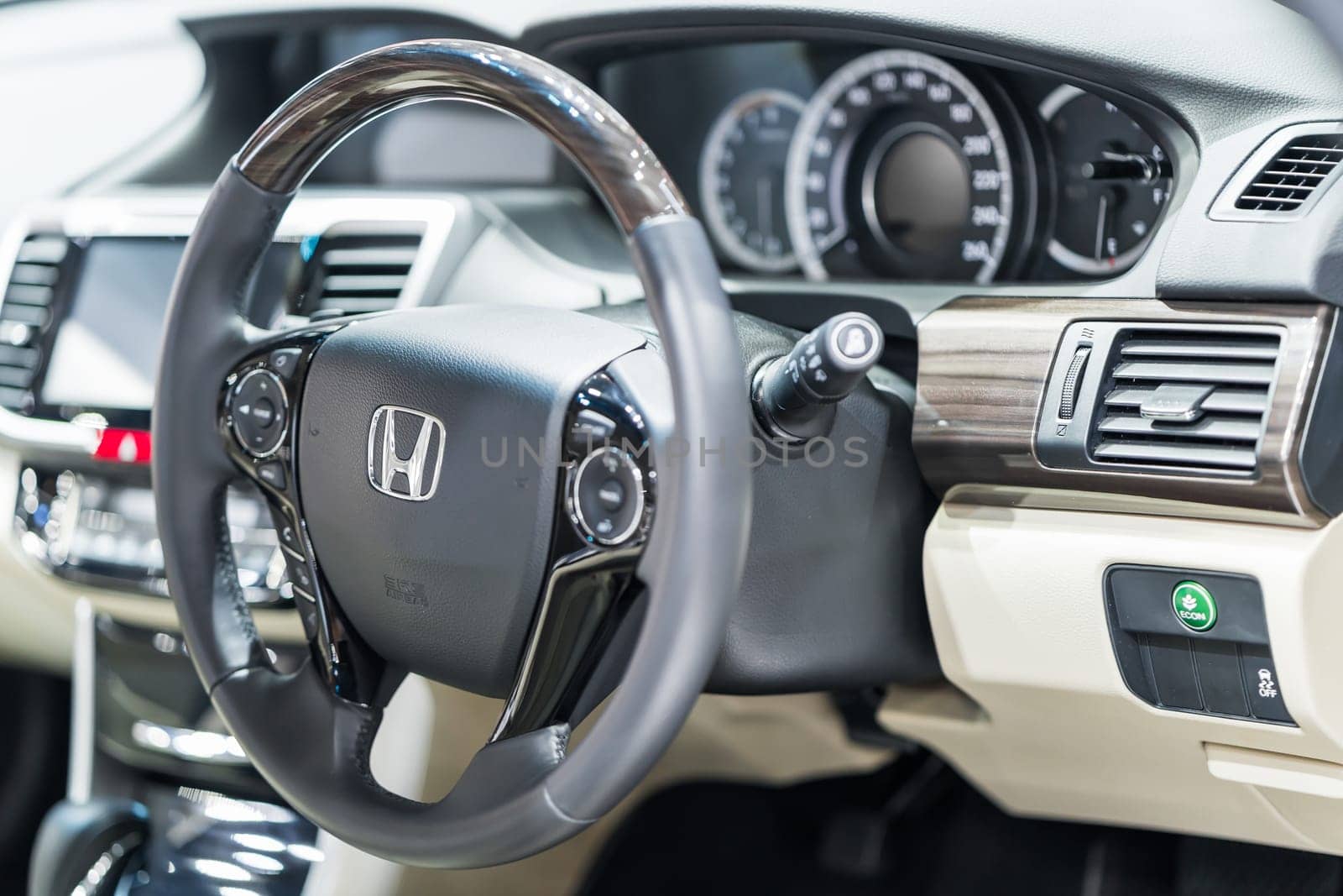 Saraburi Thailand - April 8 , 2018 : View of the inside Honda car control board and  steering wheel