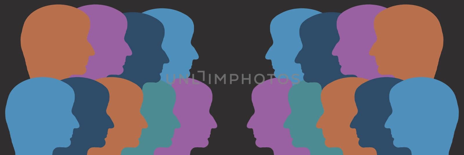 Silhouettes of faces in different colours, face from the side