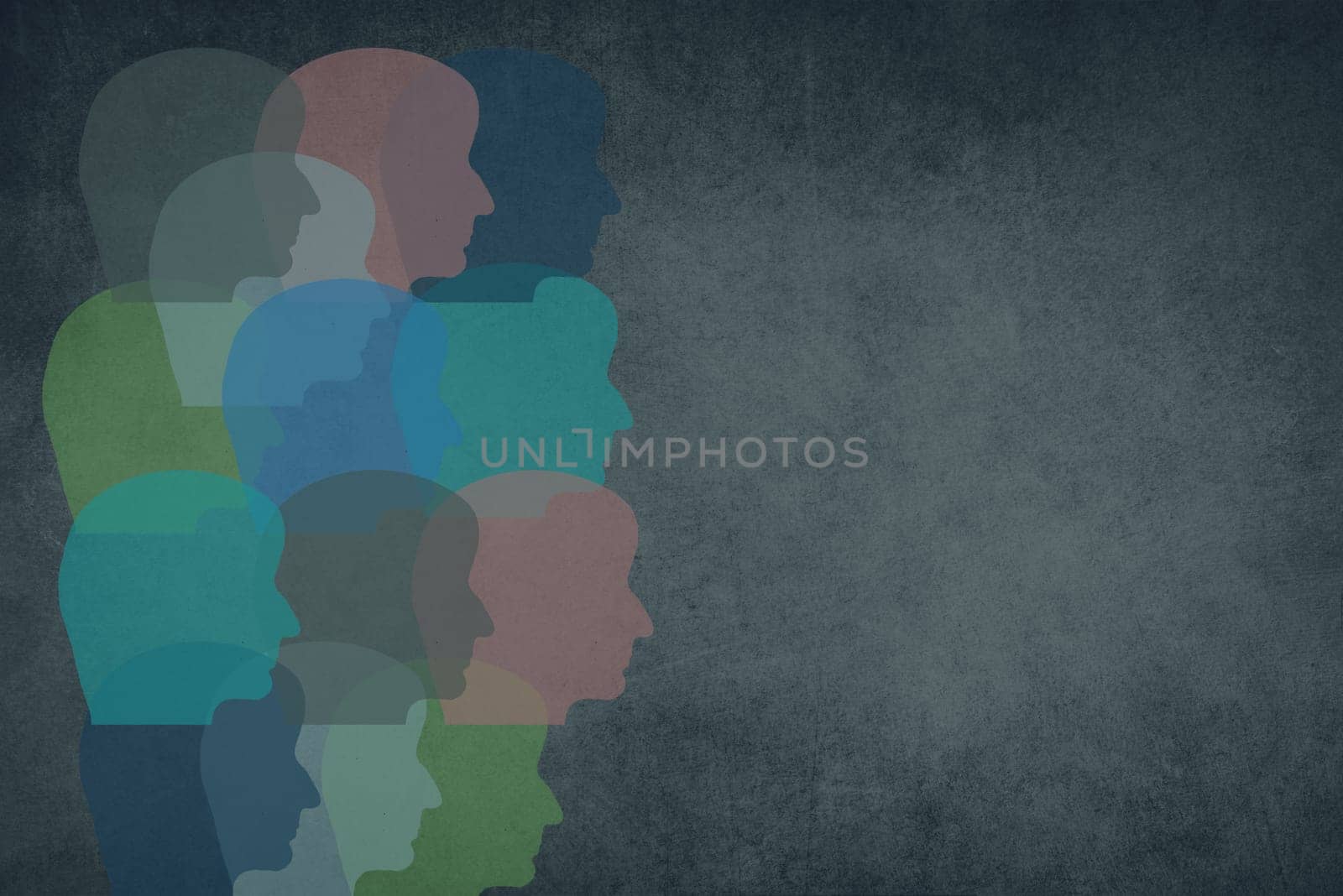 Silhouettes of faces in different colours, face from the side