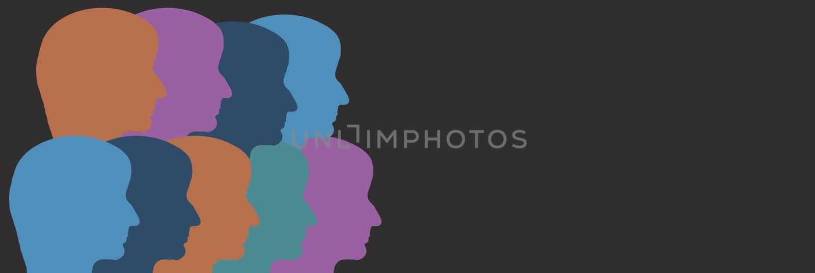 Silhouettes of faces in different colours, face from the side