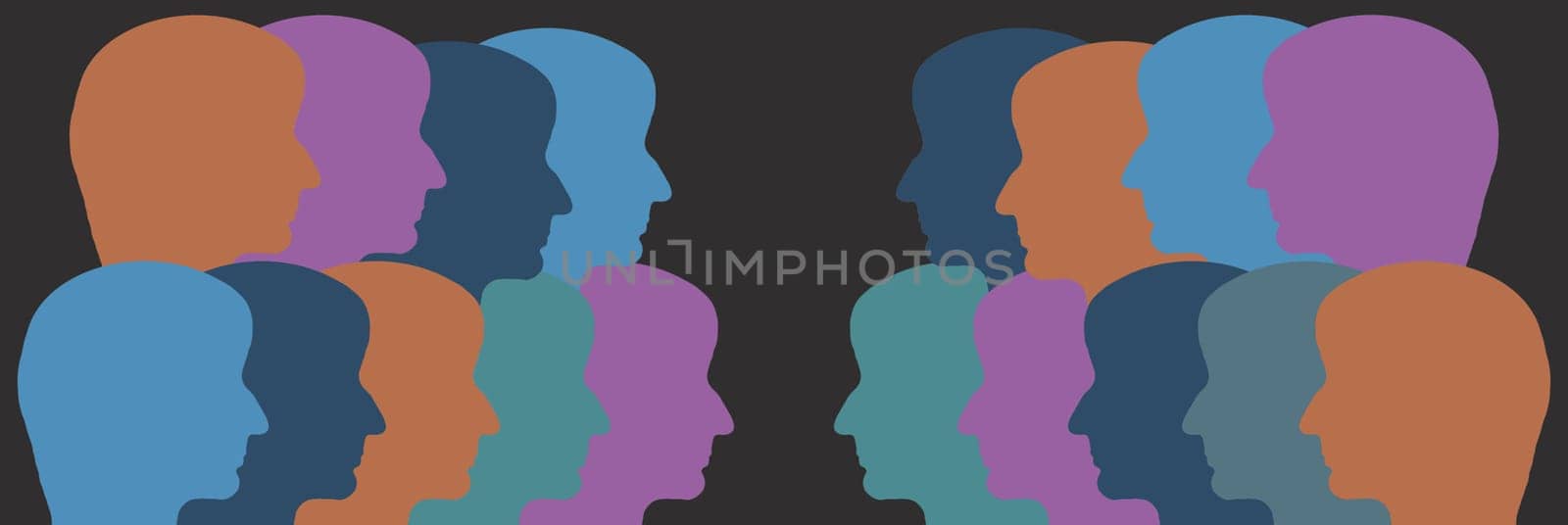 Silhouettes of faces in different colours, face from the side