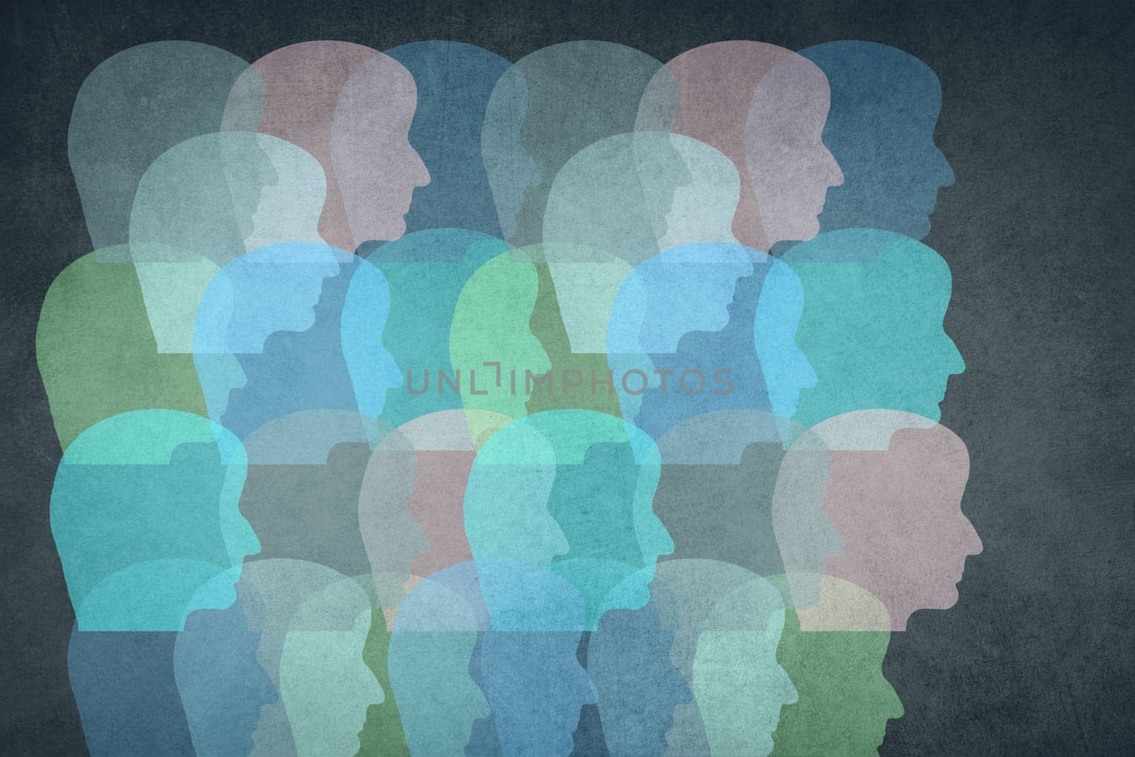Silhouettes of faces in different colours, face from the side