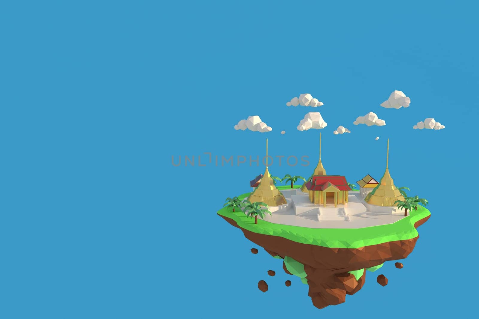 3D illustrator of PhraKaew Temple, Bangkok Thailand. 3D rendering of a low polygon model including path selection