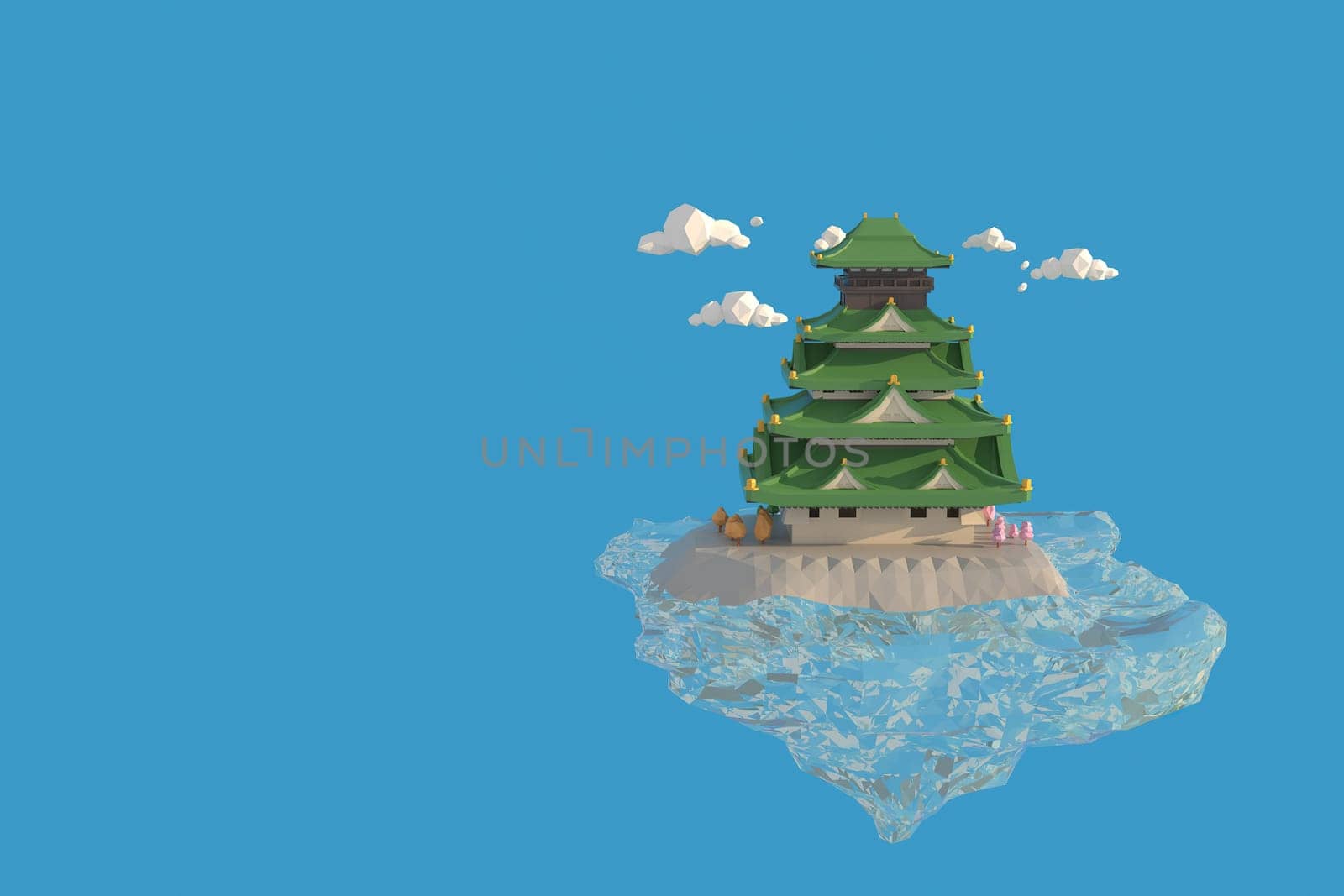 3D illustrator of Tokyo Castle, Japan. 3D rendering of a low polygon model including path selection