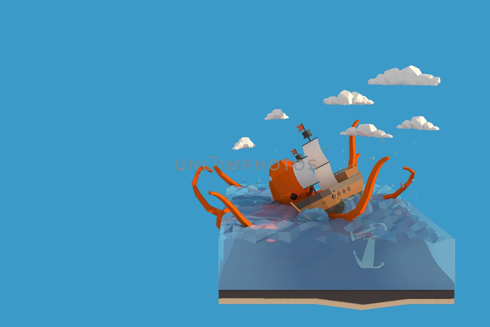 3D illustrator of giant squid attack ship. 3D rendering of a low polygon model including path selection
