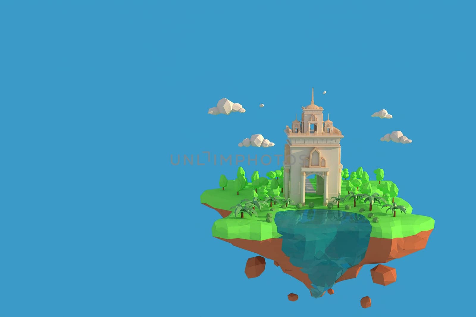 3D illustrator of Patuxai Laos. 3D rendering of a low polygon model including path selection