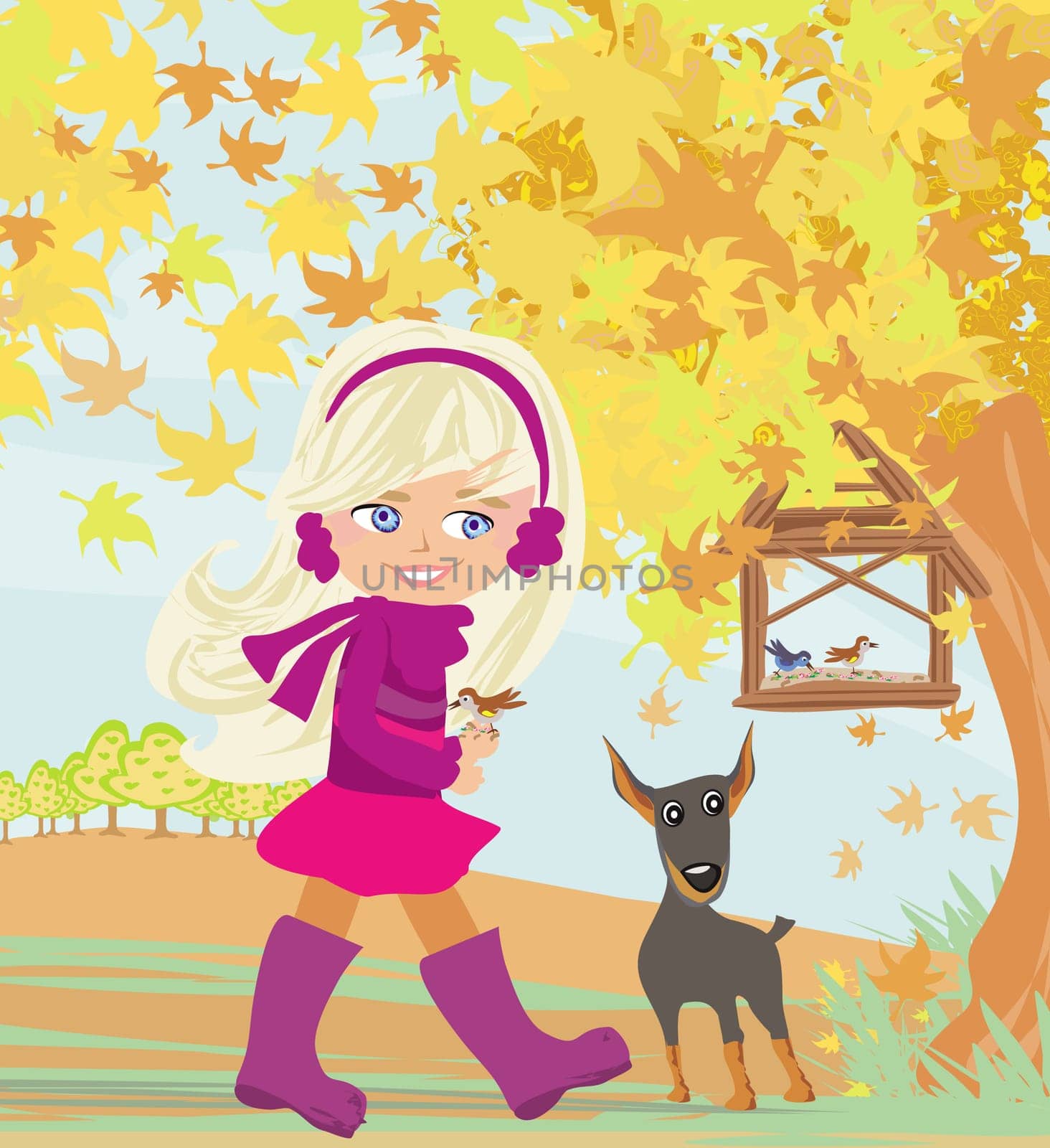 cute little girl feeds birds in fall