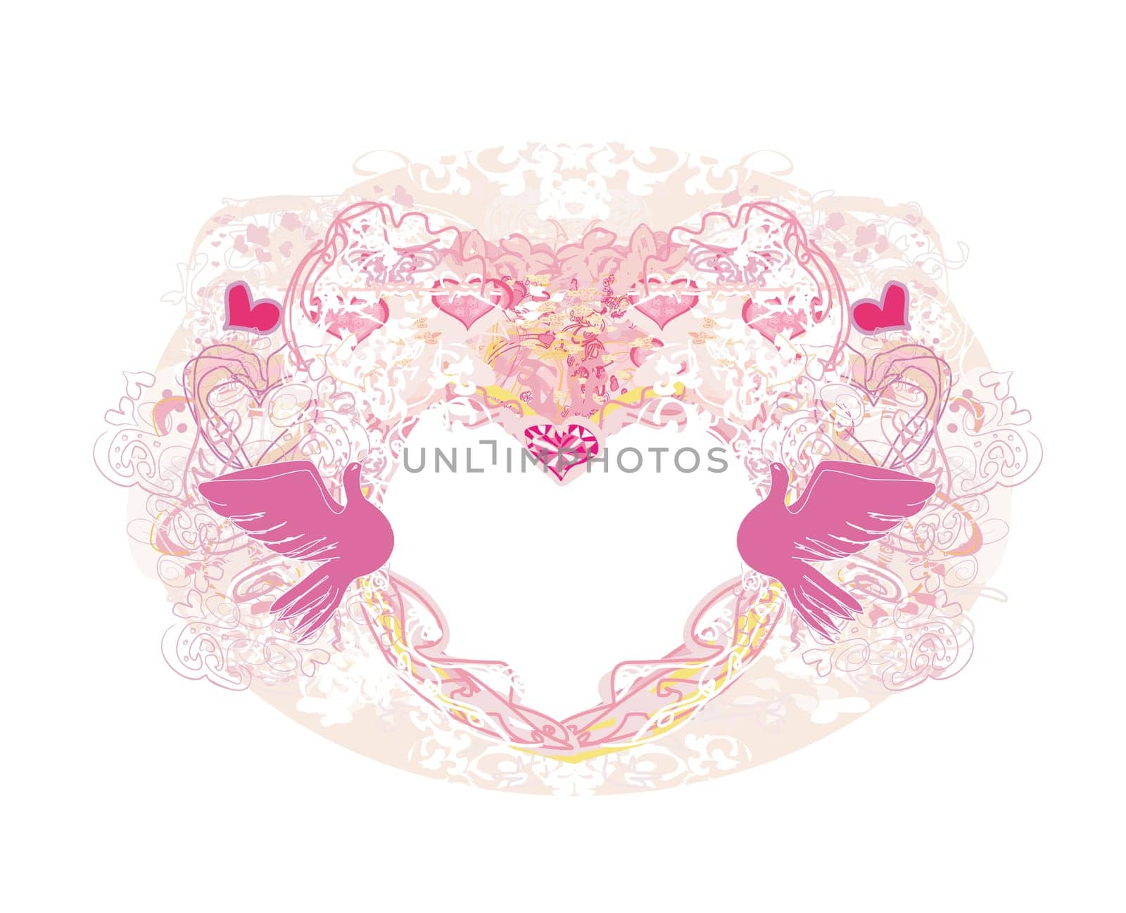Romantic card with love birds - decorative pink heart-shaped frame