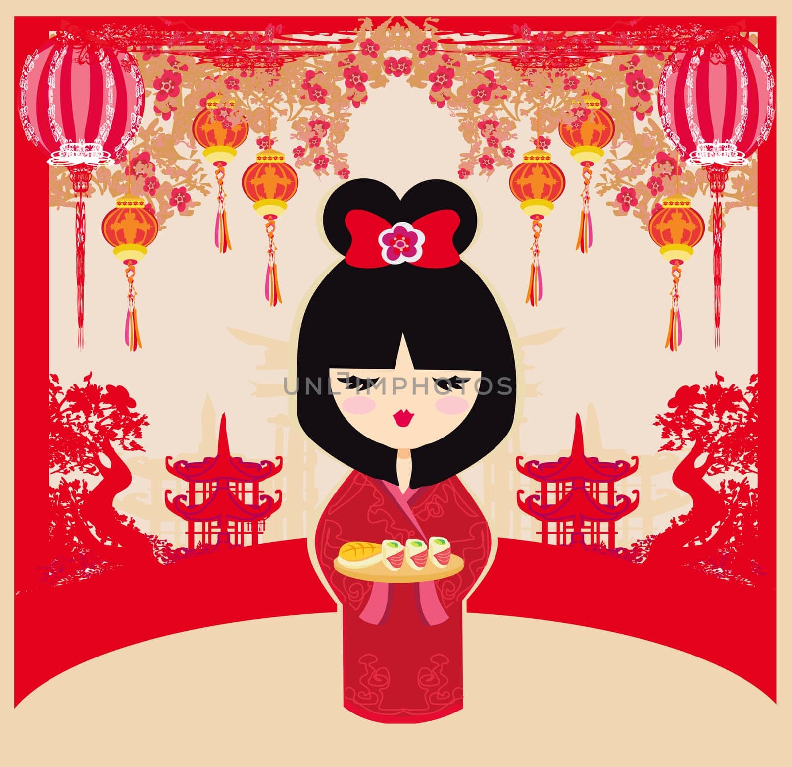 Traditional japanese pretty girl serves sushi.