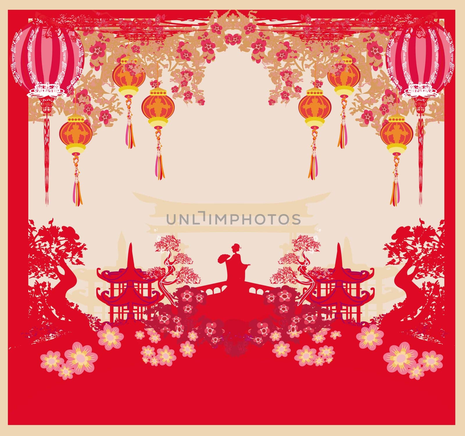 Abstract decorative frame with Asian girl