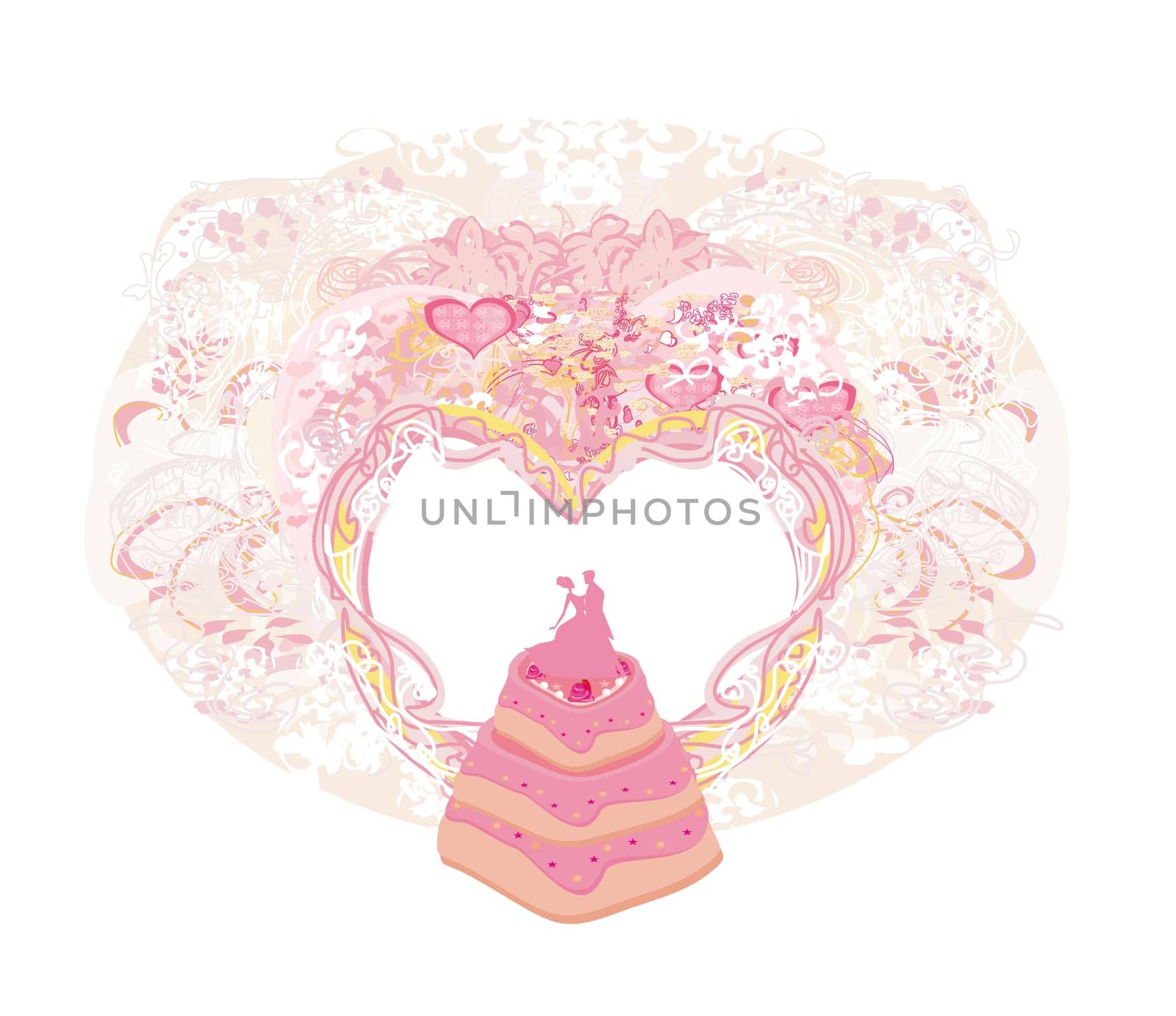 Wedding cake card design - decorative pink heart-shaped frame