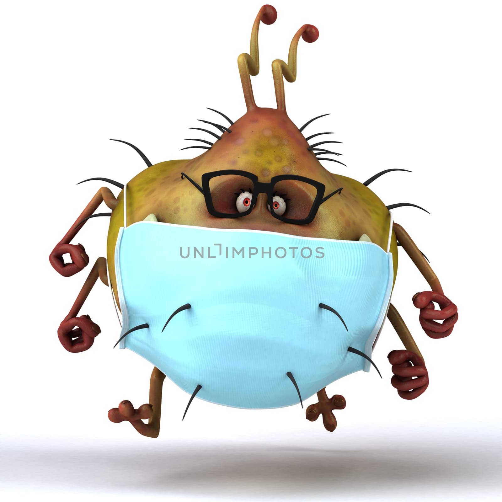 Fun 3D illustration of a cartoon microbe with a mask