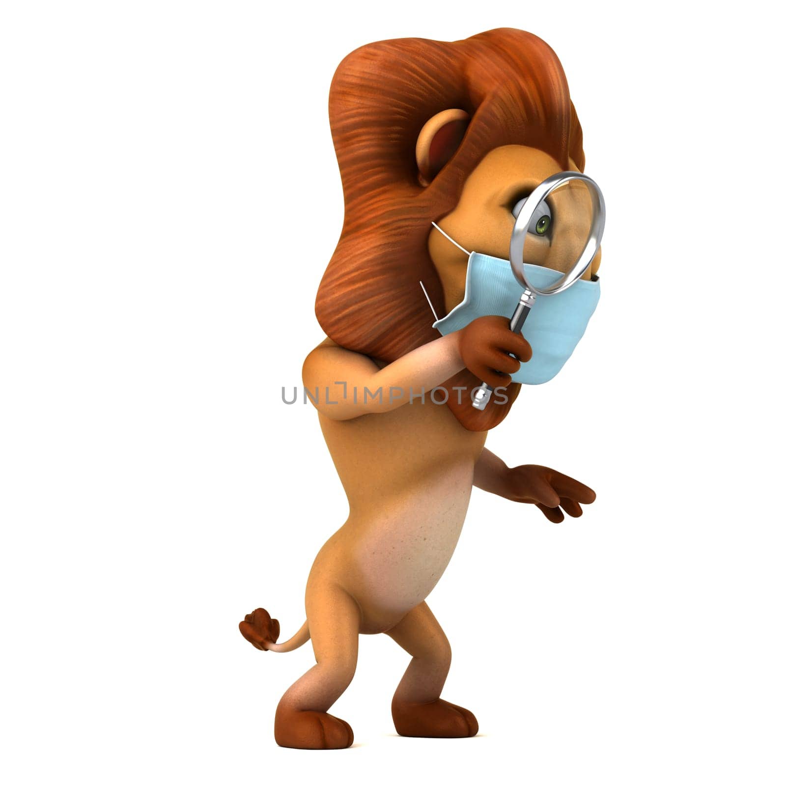 Fun 3D illustration of a cartoon Lion with a mask