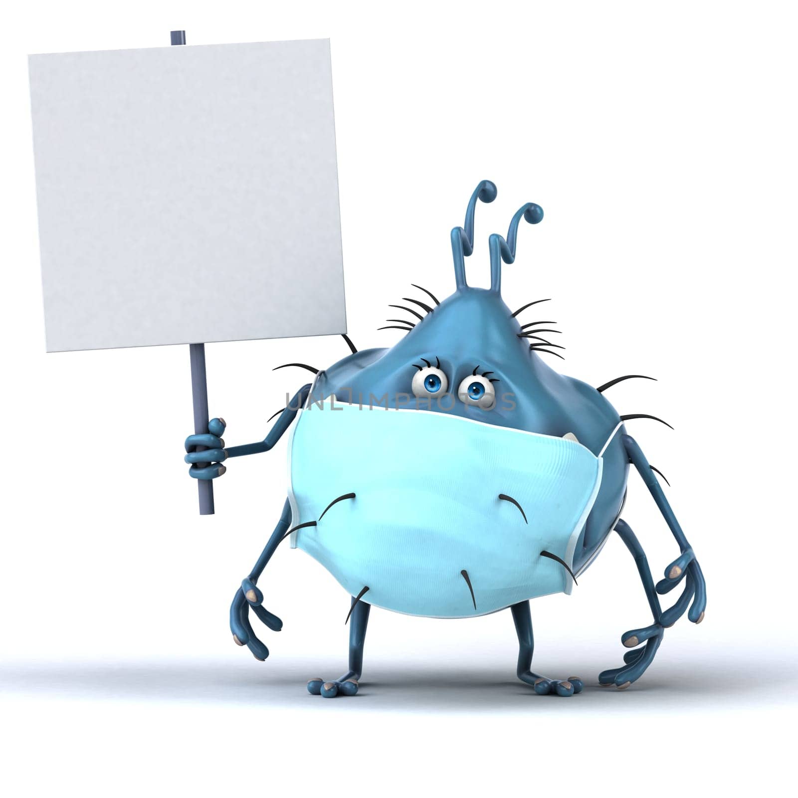 Fun 3D illustration of a cartoon microbe with a mask