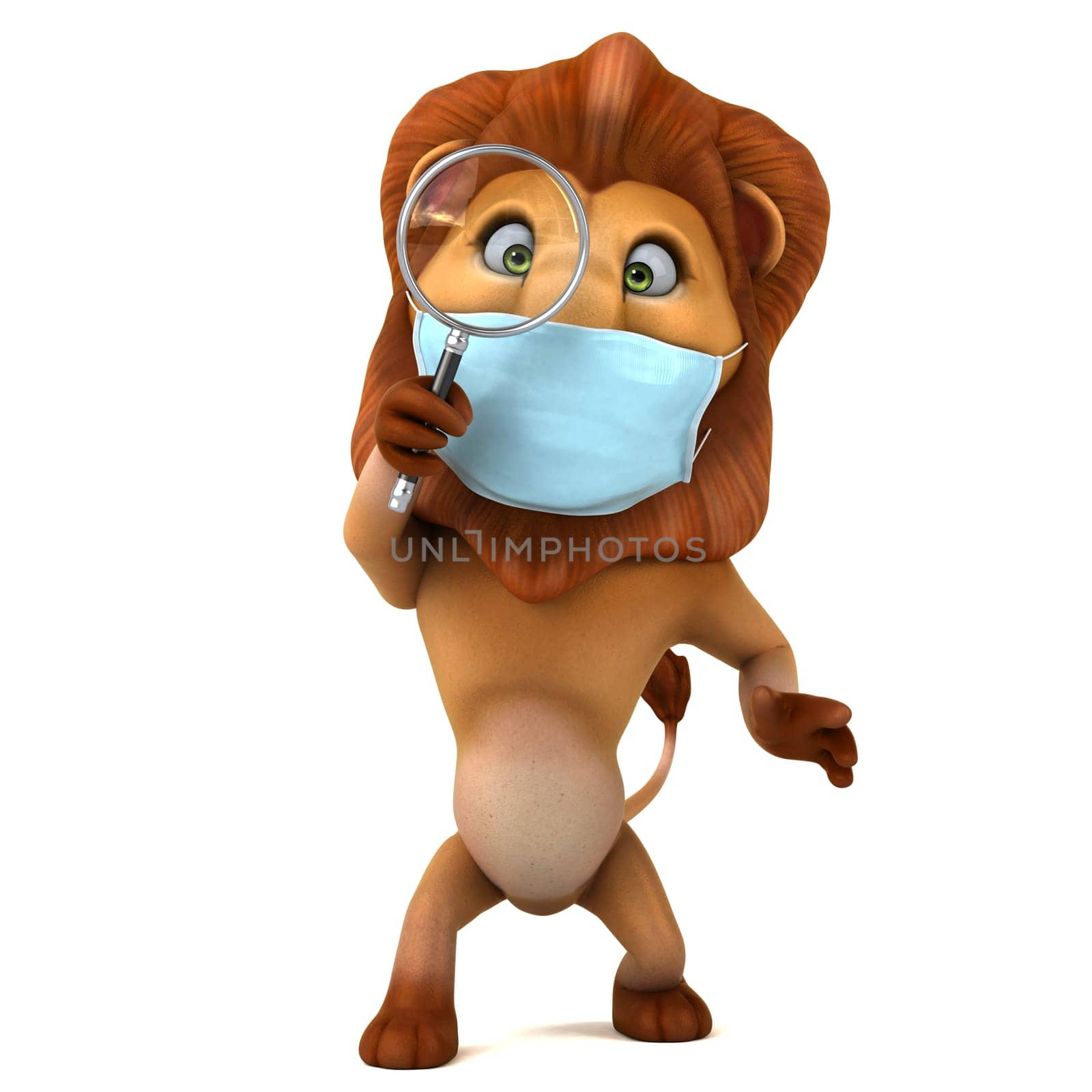 Fun 3D illustration of a cartoon Lion with a mask